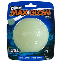 Chuckit! emballage de la Max Glow Ball montrant taille XL et bénéfices