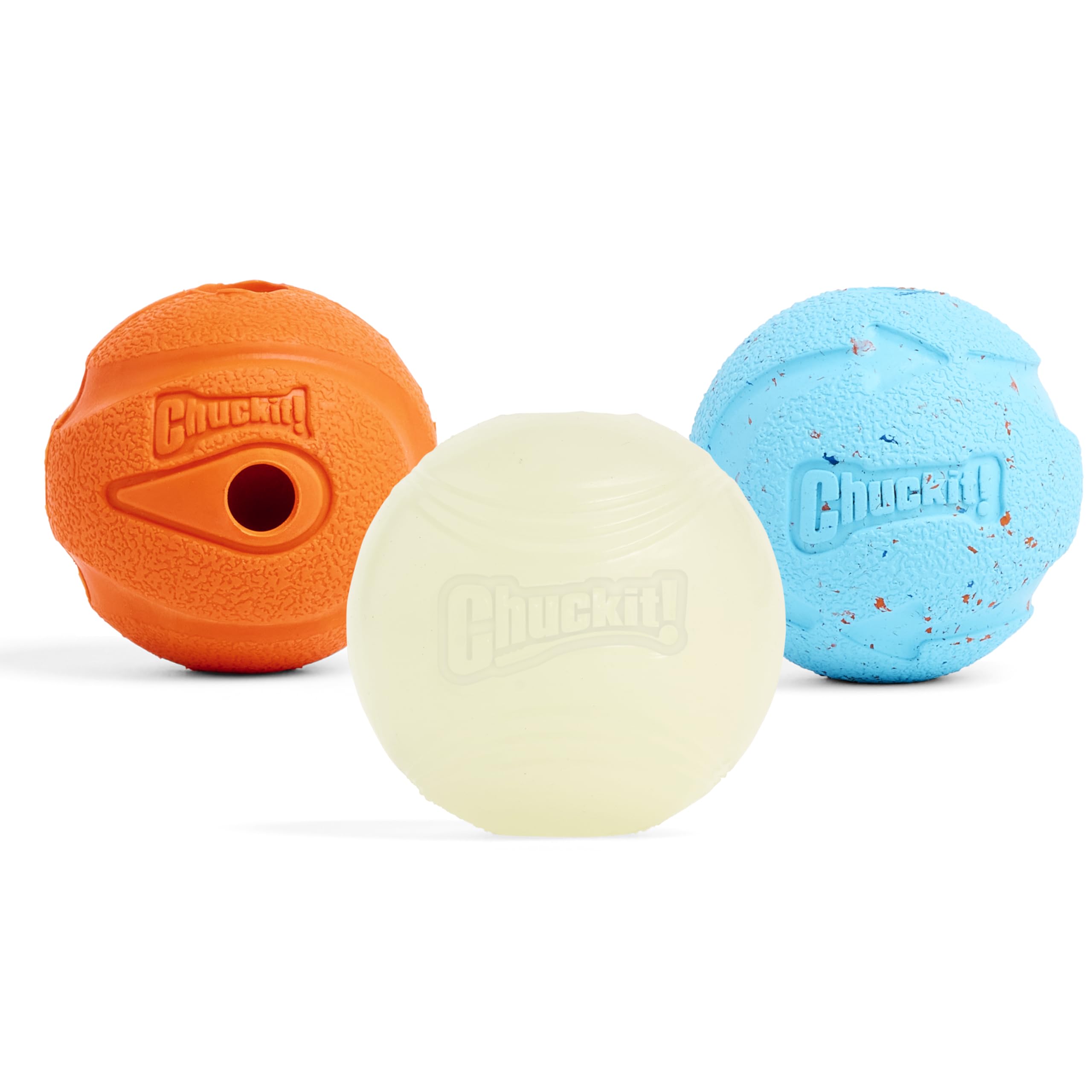 Chuckit! face avant du pack montrant les trois balles et l’emballage attractif