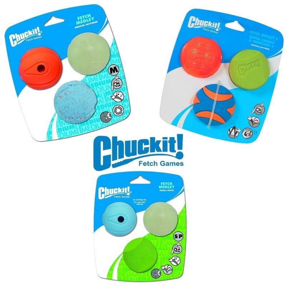Chuckit! étiquette produit lisible avec informations sur tailles et matériaux