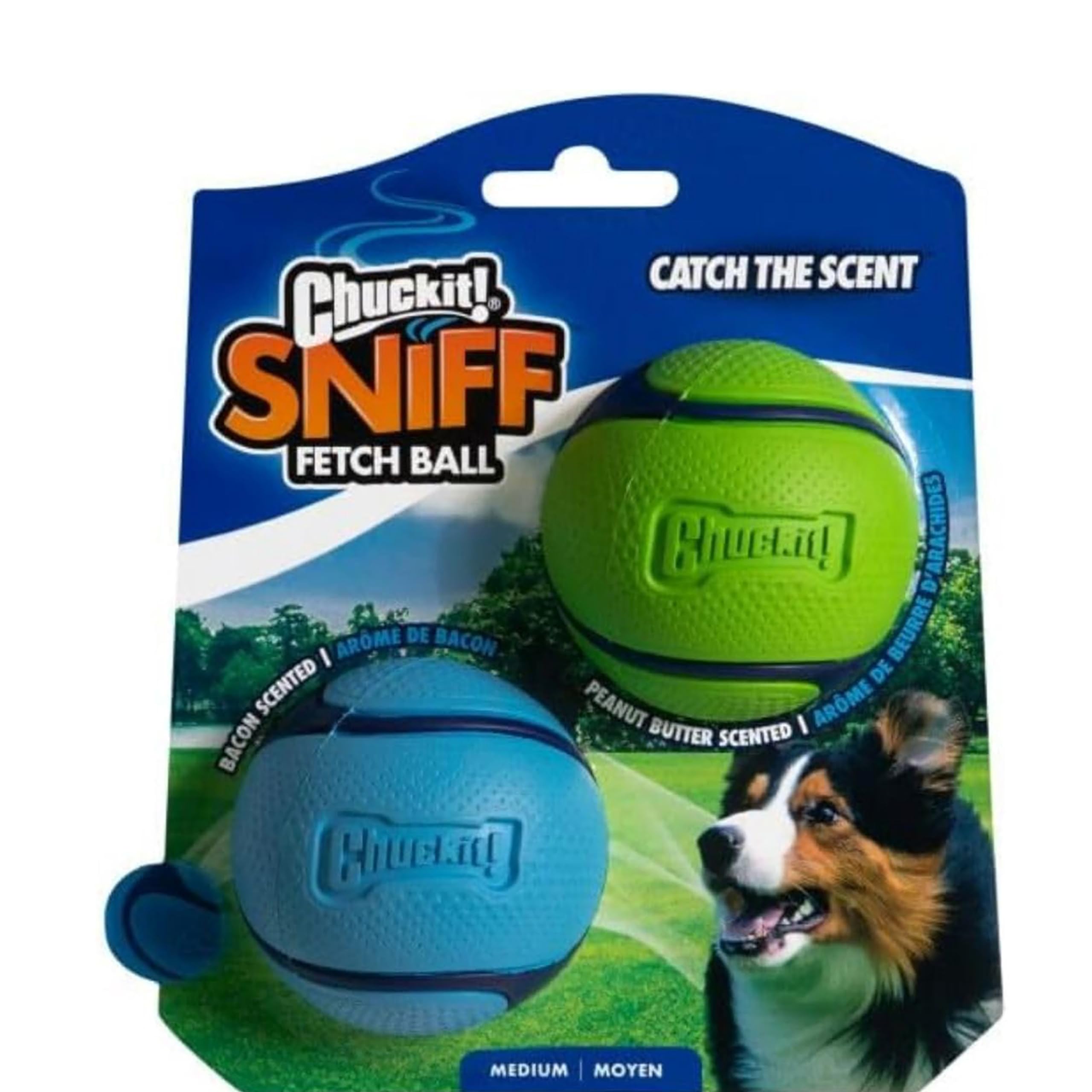 Chuckit! Sniff Ball paquet avant montrant arômes et lot de deux pour inciter au jeu