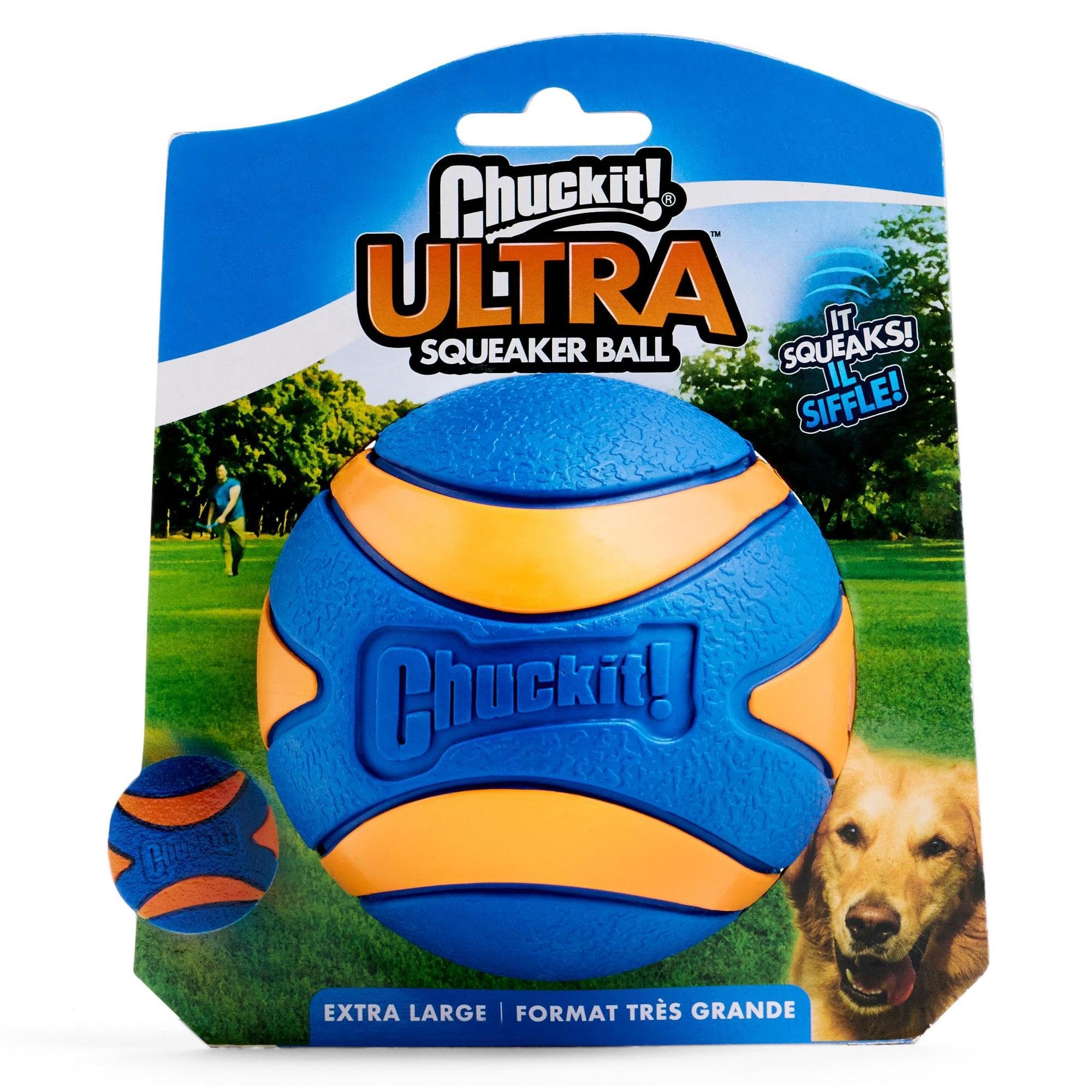 Chuckit! vue avant du packaging montrant la balle et bénéfice visibilité