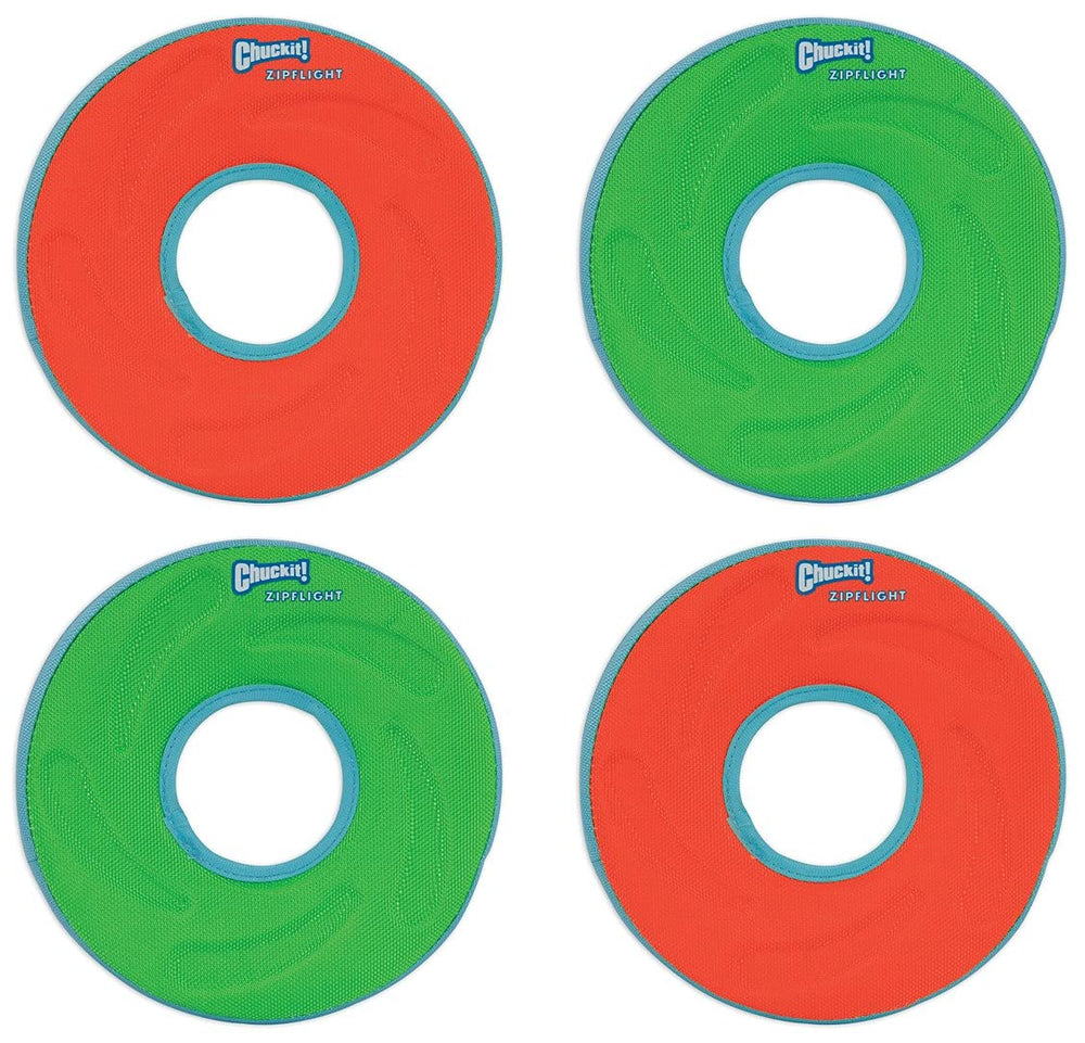 Chuckit! Zipflight anneau avant emballage montrant couleurs vives et lot de 4 pour jeux aquatiques