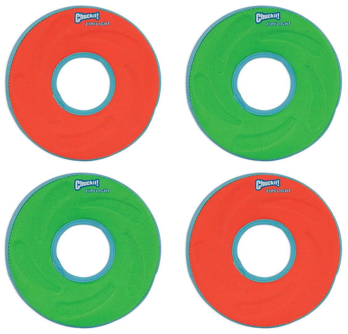 Chuckit! Zipflight anneau avant emballage montrant couleurs vives et lot de 4 pour jeux aquatiques