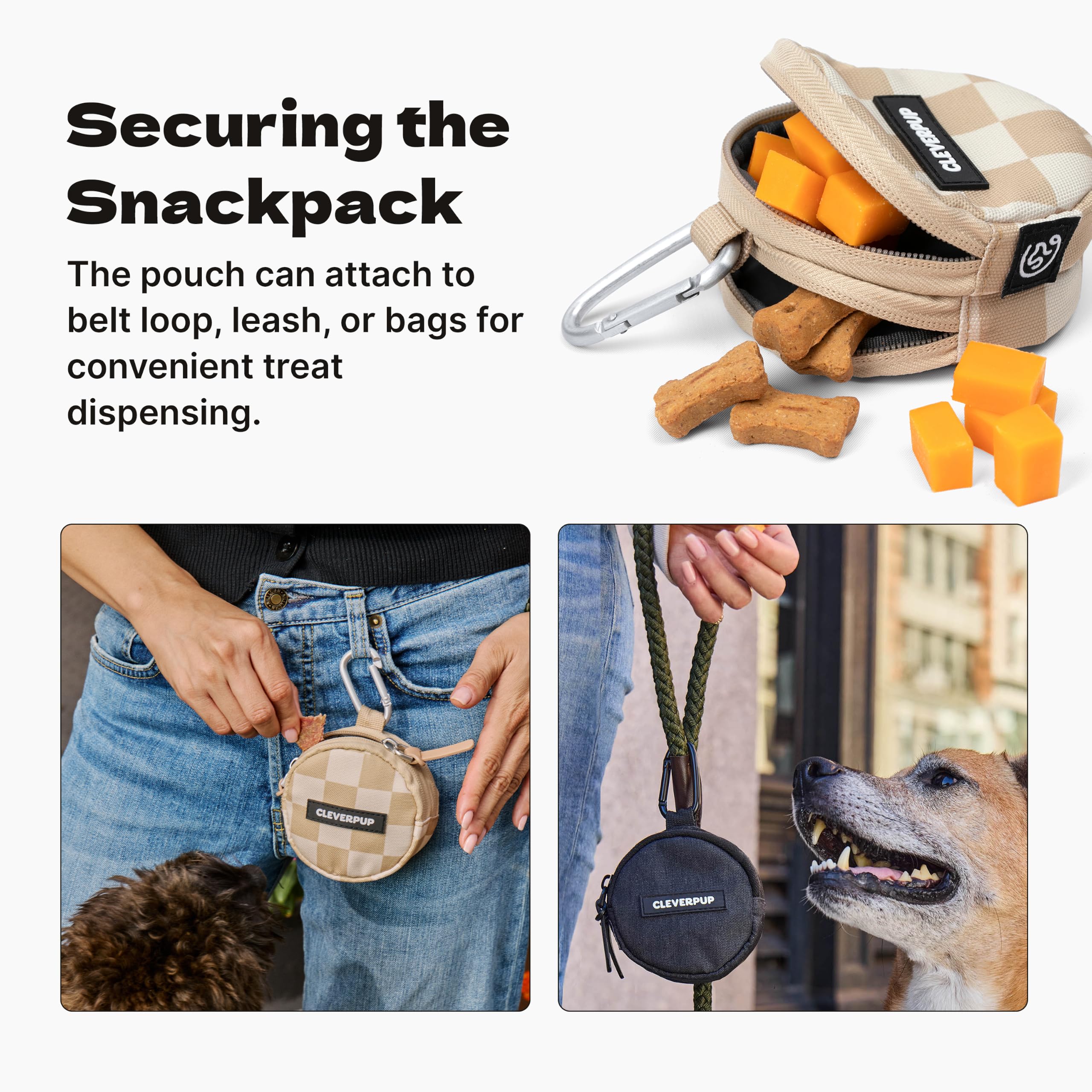 Cleverpup poches zippées ouvertes montrant séparation de friandises
