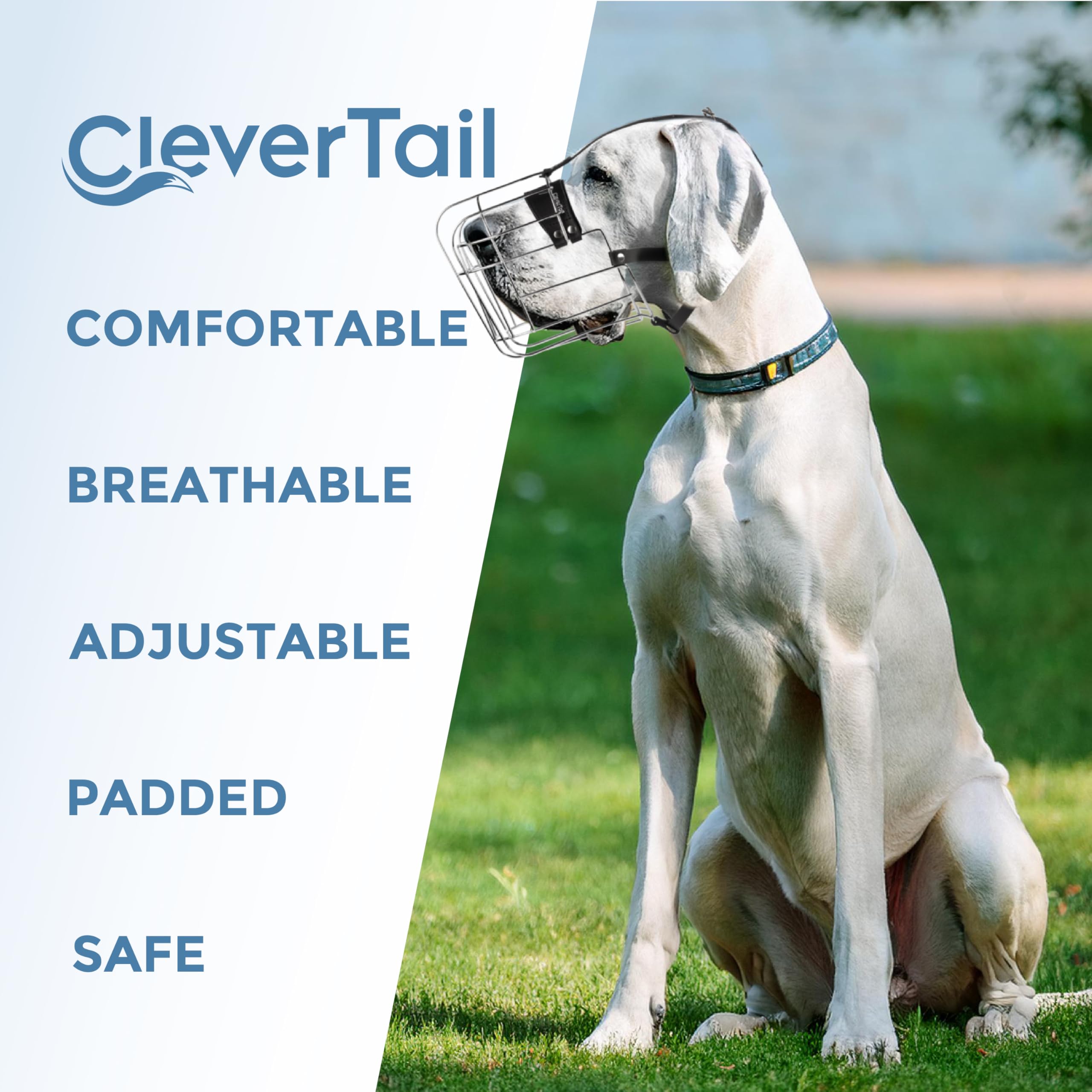 CleverTail emballage et étiquette indiquant dimensions et matériaux