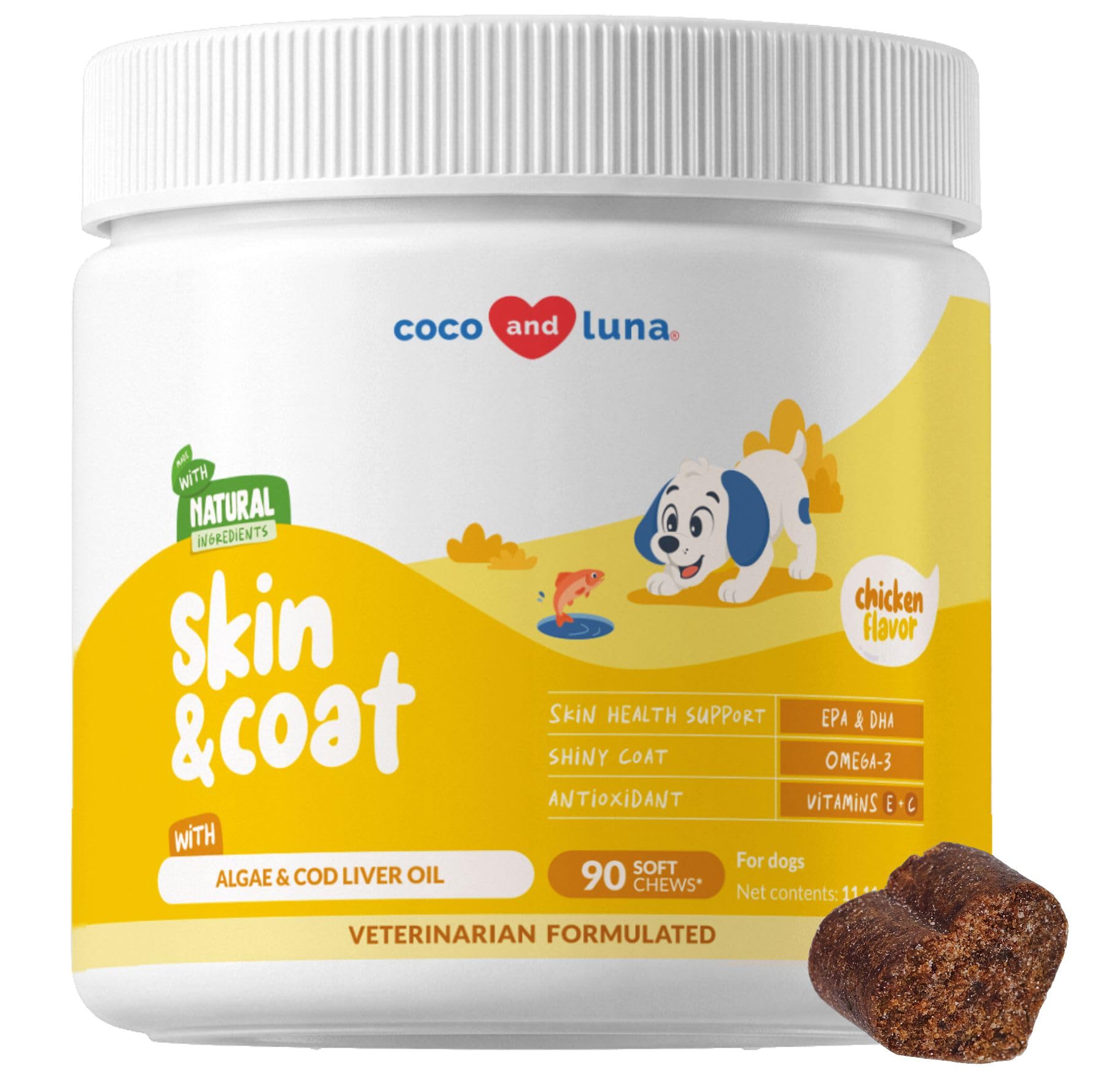 Coco and Luna flacon avant montrant l'étiquette et bénéfice peau saine
