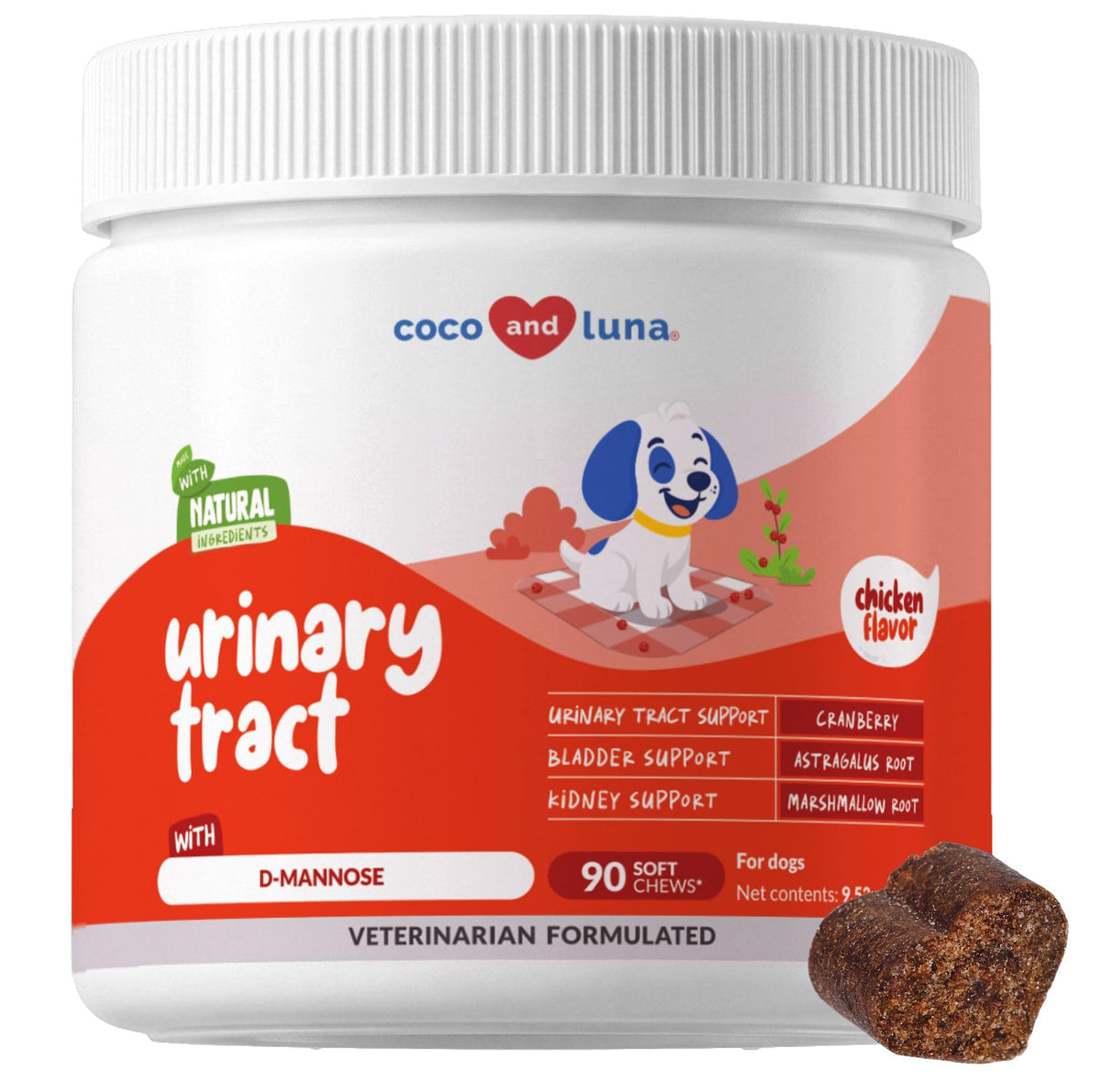Coco and Luna packaging avant montrant le produit et bénéfice santé urinaire