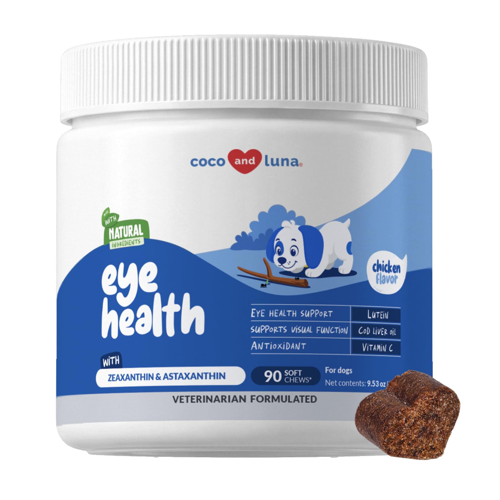 Coco and Luna pot face avant montrant l'étiquette claire et bénéfice santé oculaire