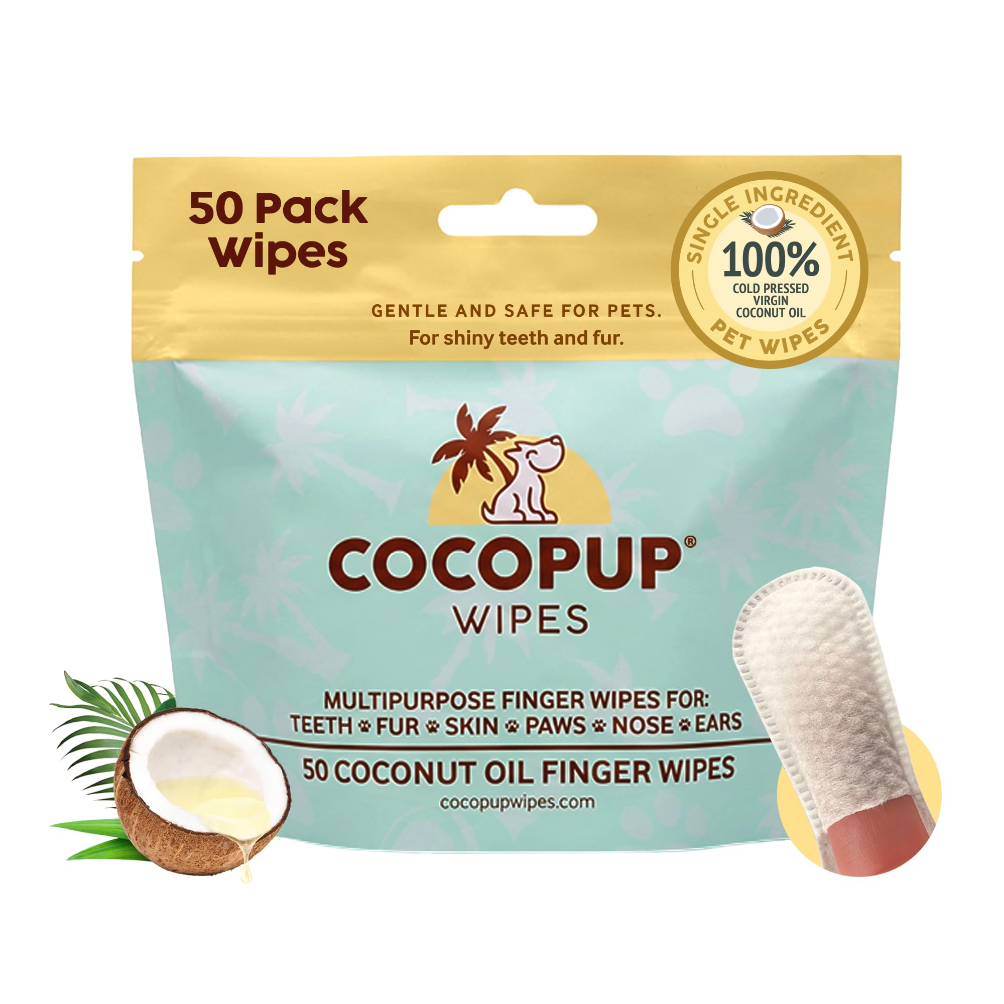Cocopup emballage avant montrant 50 lingettes, pratique et compact