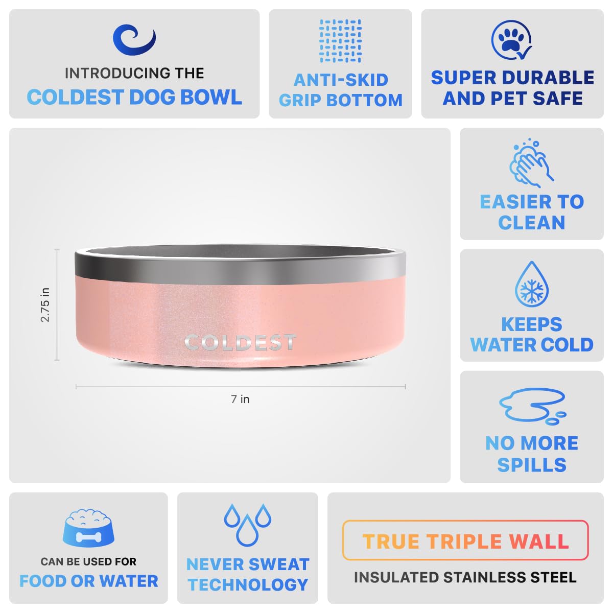 Coldest Dog Bowl rempli d'eau 42 oz montrant capacité utile