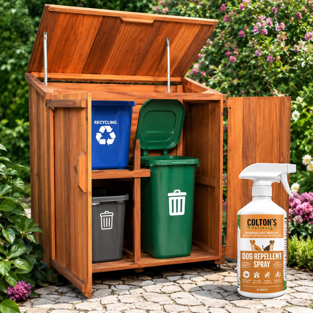 Colton's Naturals pulvérisé sur une terrasse pour garder les chiens à distance