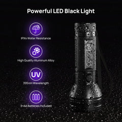 Consciot lampe UV révélant tache d'urine sèche sur tapis