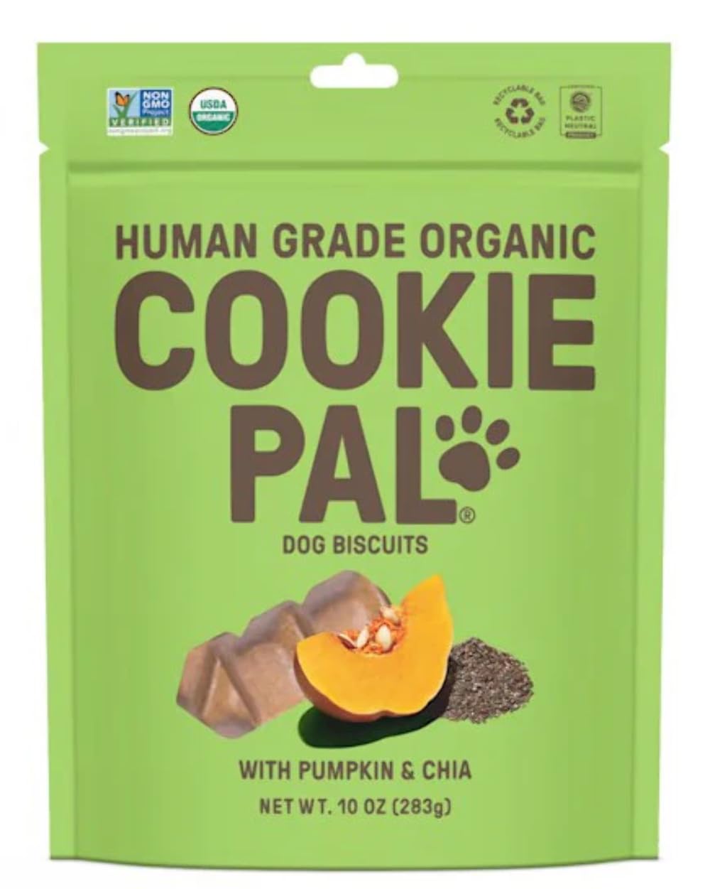 CookiePal emballage avant montrant citrouille et chia, goût naturel pour récompenses