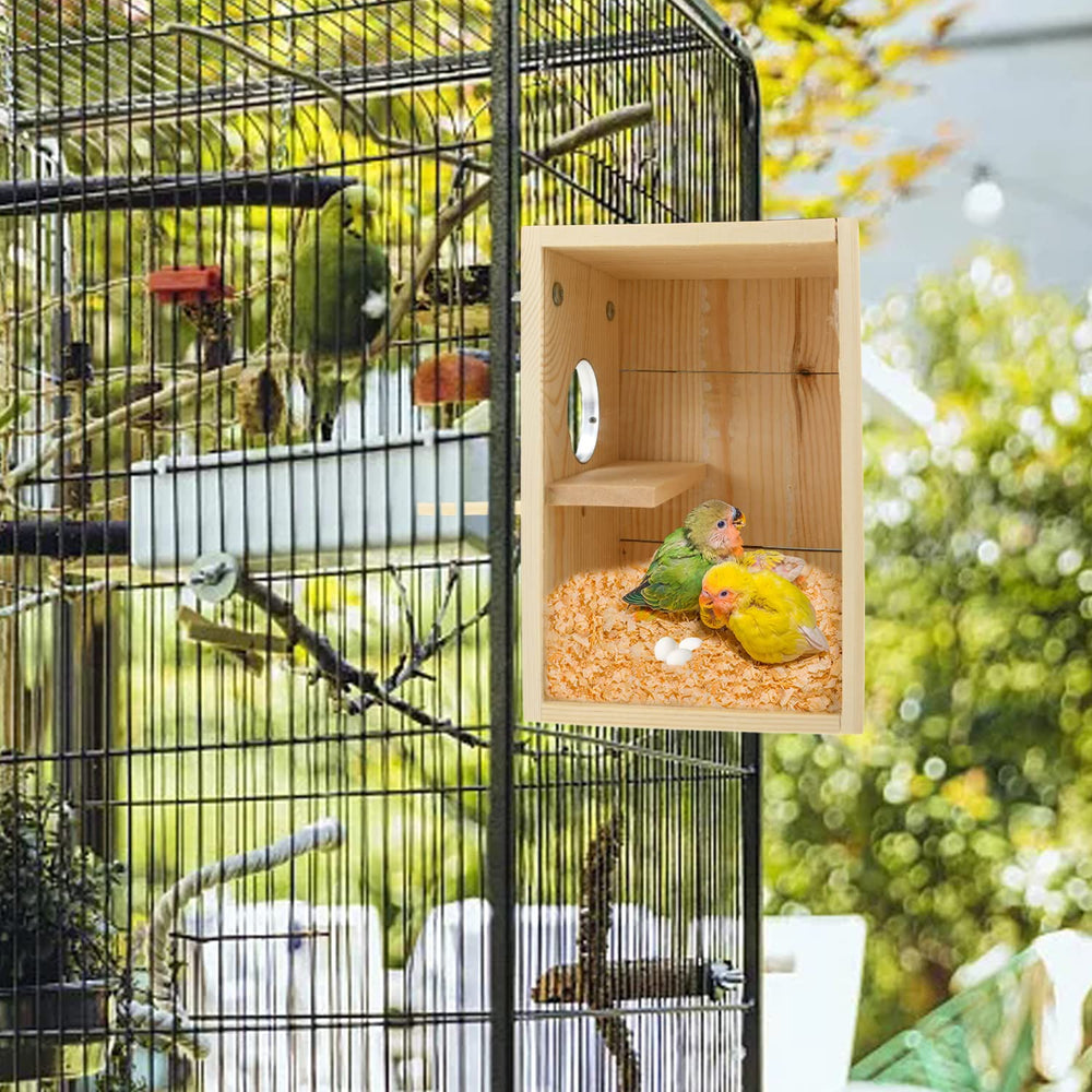 CooShou nichoir installé dans une cage, intégration et bien-être oiseau