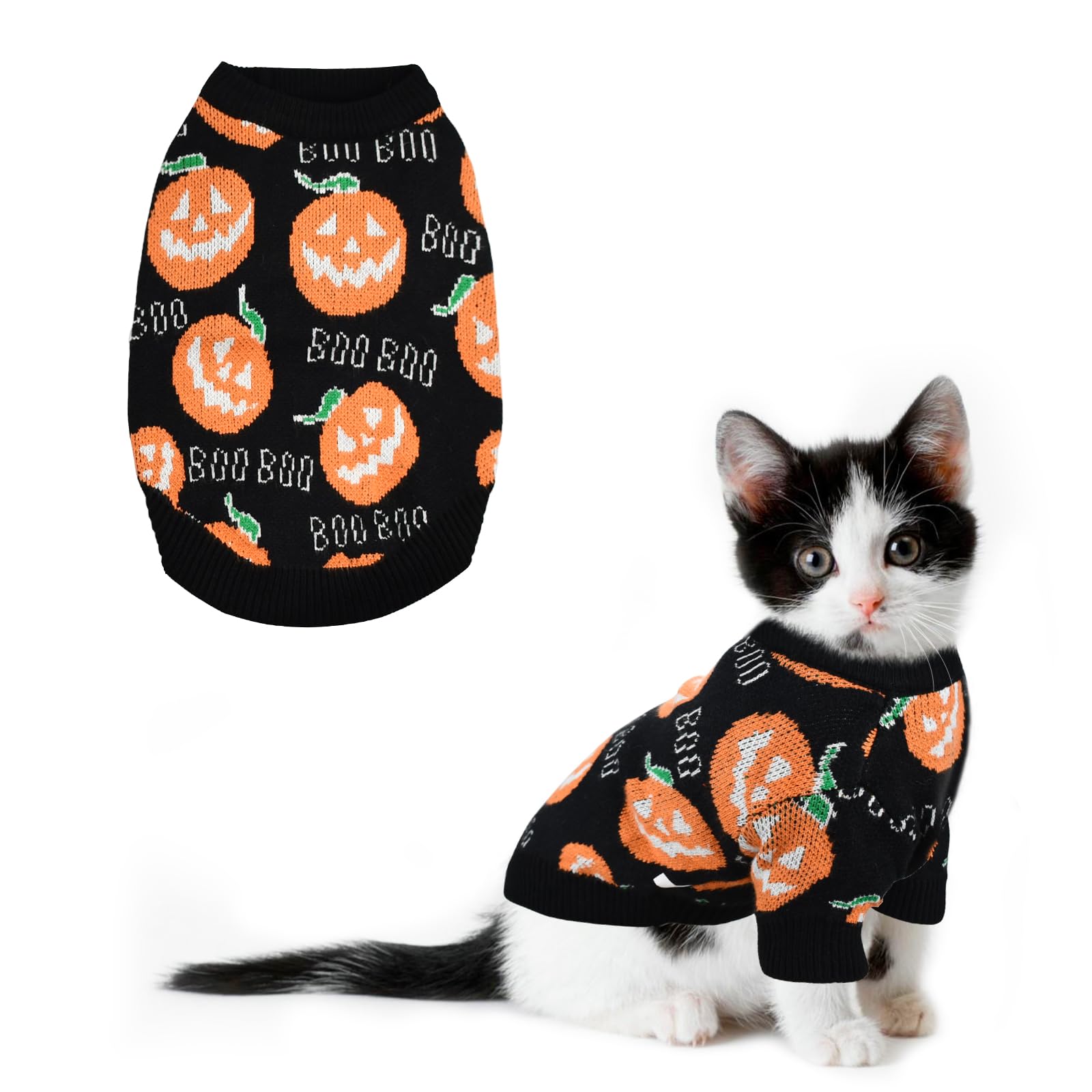 CooShou vue avant du pull Halloween montrant motif citrouille et BOO, look festif