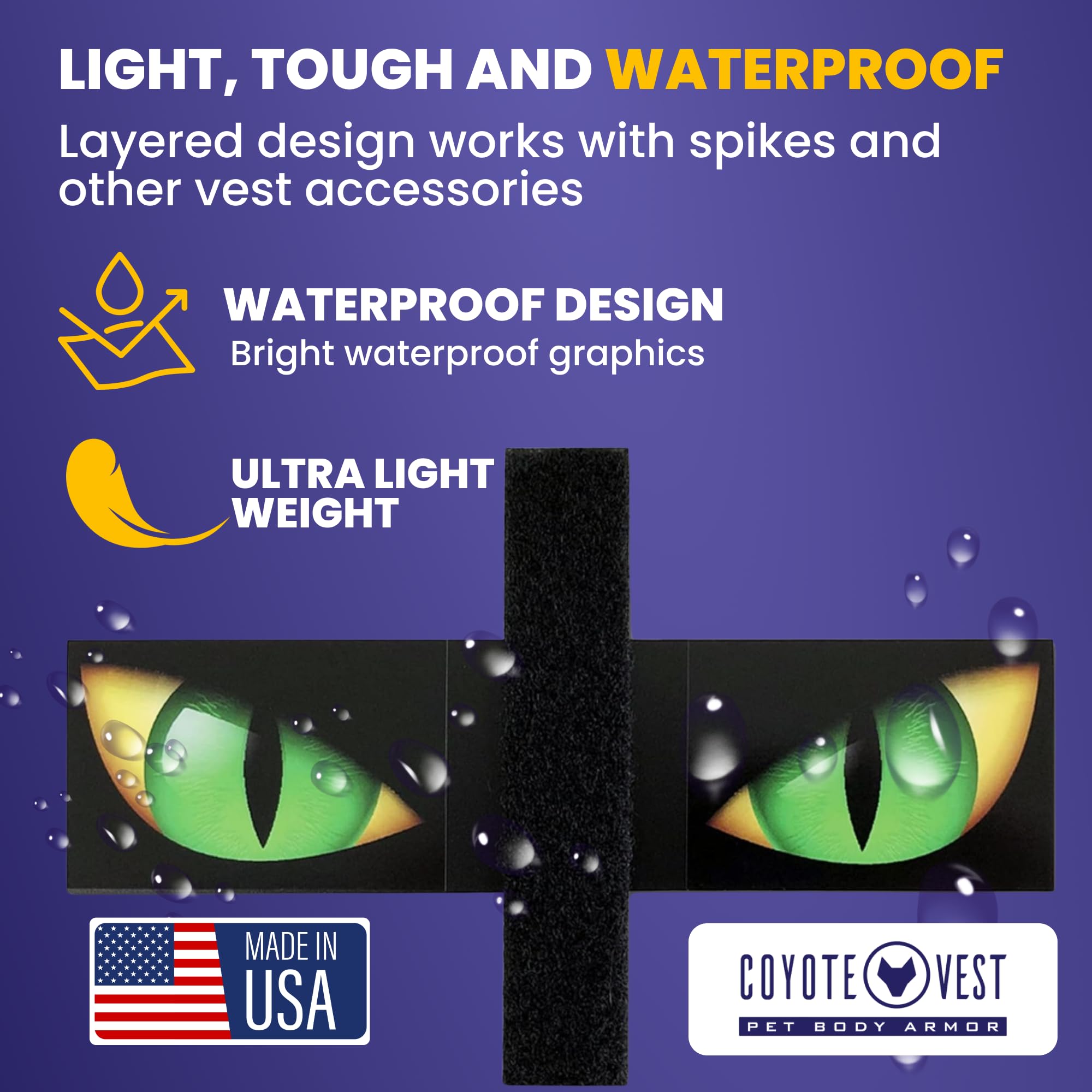 CoyoteVest Hawk Eyes exposé à la pluie montrant vinyle imperméable