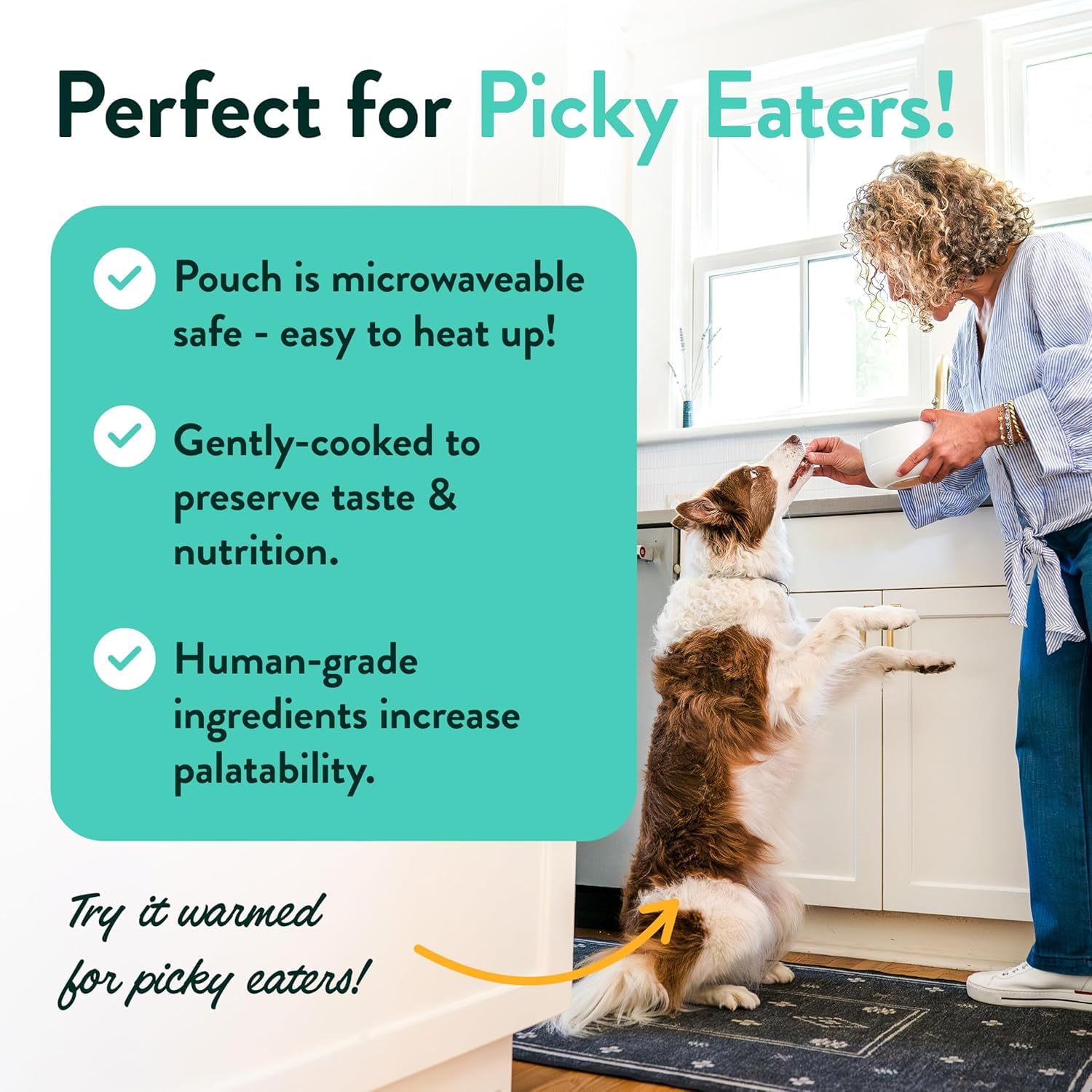 CRAFTED BY HUMANS LOVED BY DOGS étiquette listant 11 ingrédients ou moins pour transparence