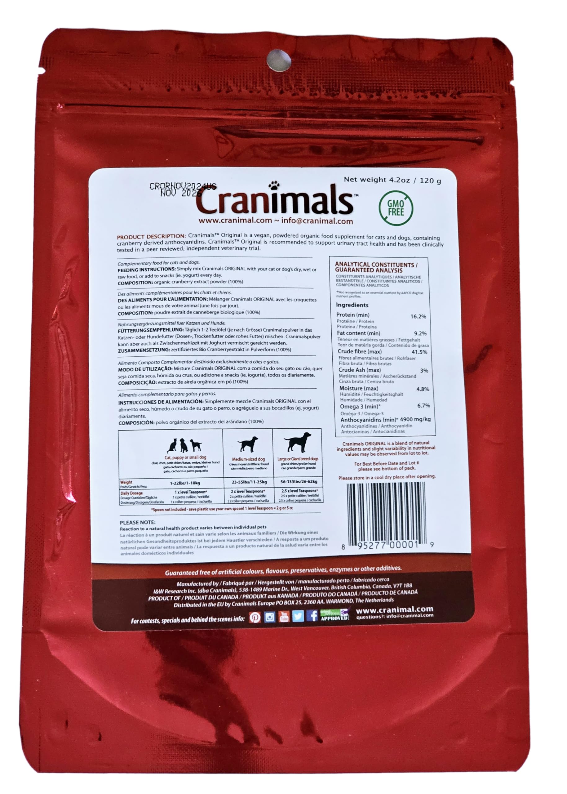 Cranimals poudre gros plan illustrant la texture pure et concentrée pour une administration facile