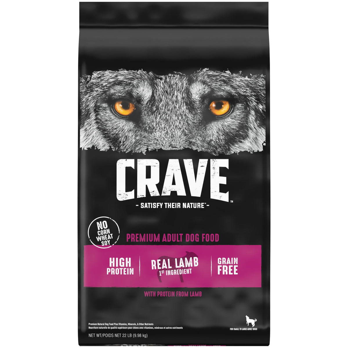 crave sac avant montrant recette agneau et bénéfice haute protéine
