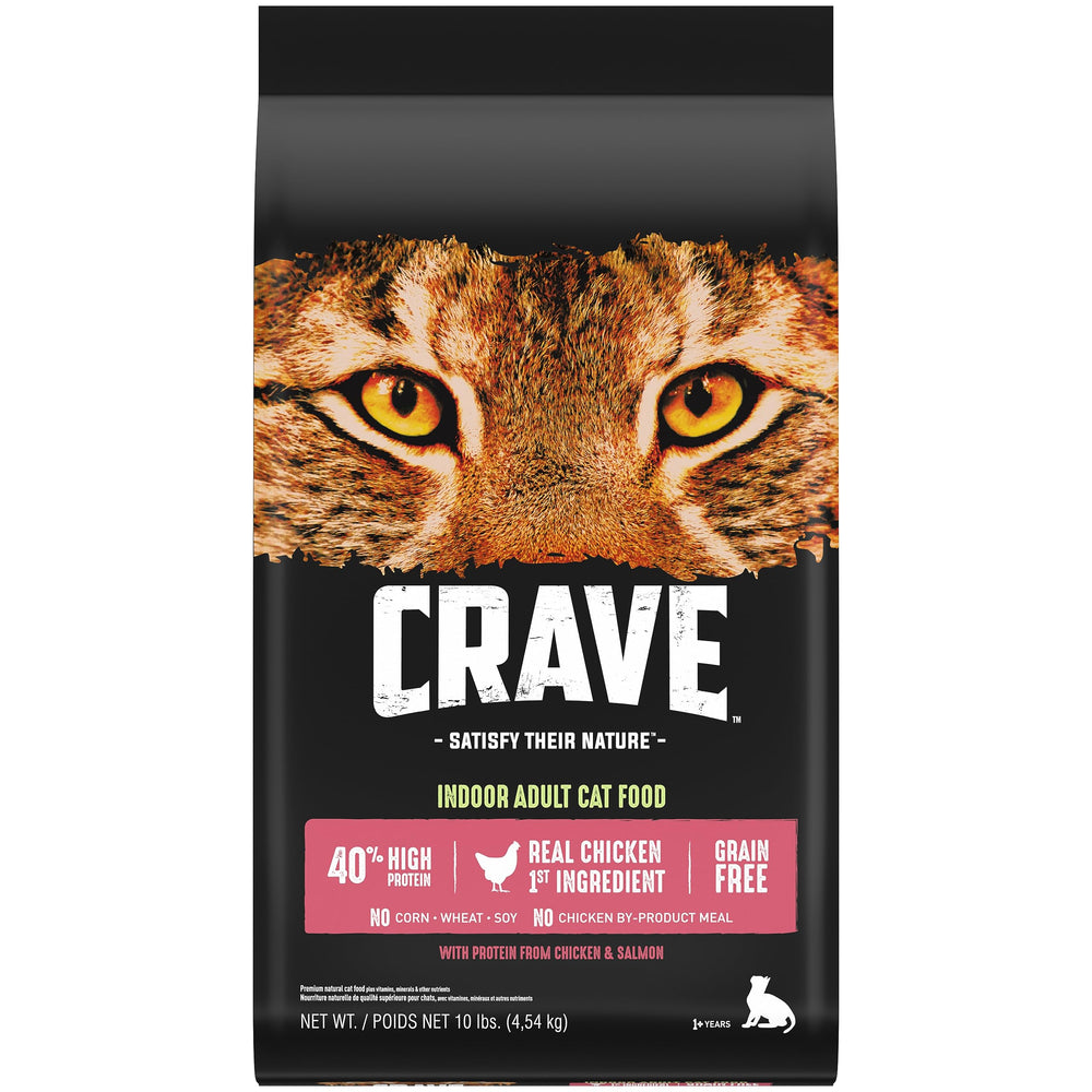 CRAVE paquet devant montrant poulet et saumon, formulation riche en protéines