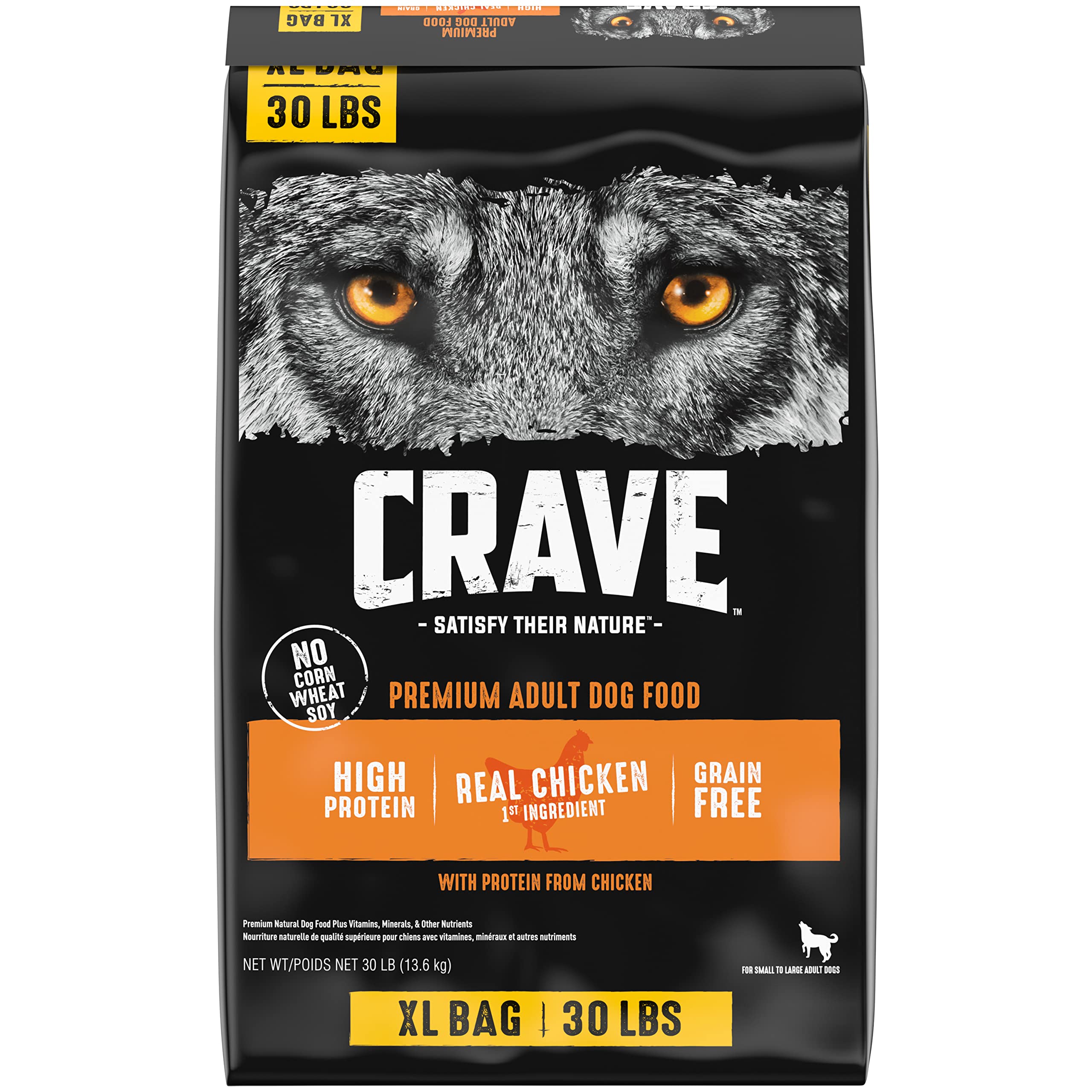 CRAVE sachet 30 lb face montrant l’emballage et la promesse protéique