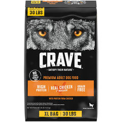 CRAVE sachet 30 lb face montrant l’emballage et la promesse protéique