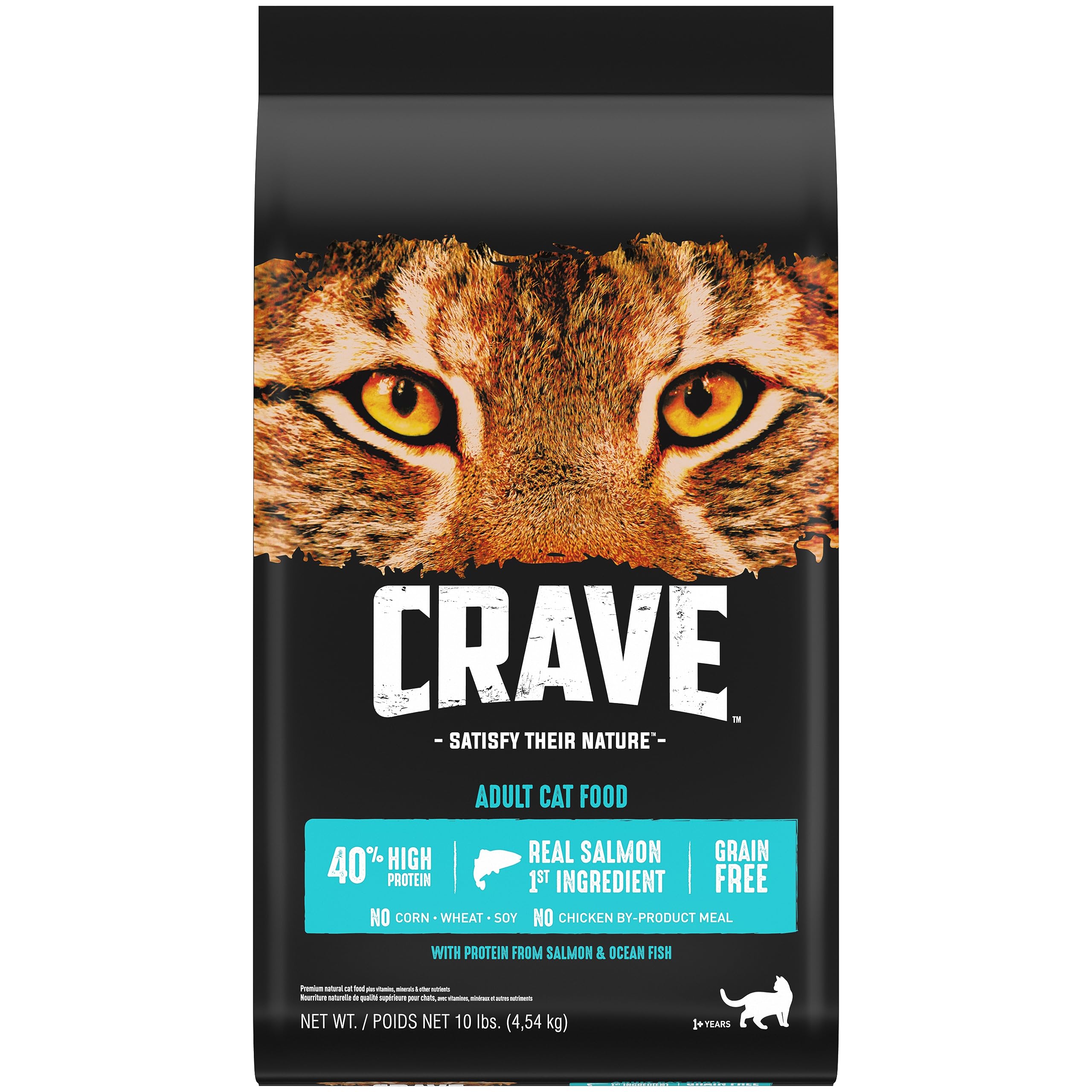 Crave sachet 10 lb face avant montrant la formule saumon et poissons de l'océan pour saveur attrayante