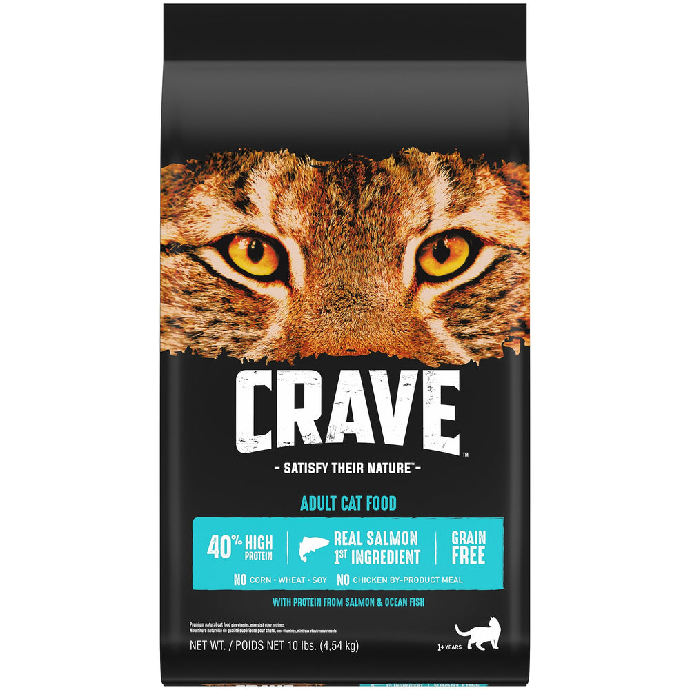 Crave sachet 10 lb face avant montrant la formule saumon et poissons de l'océan pour saveur attrayante
