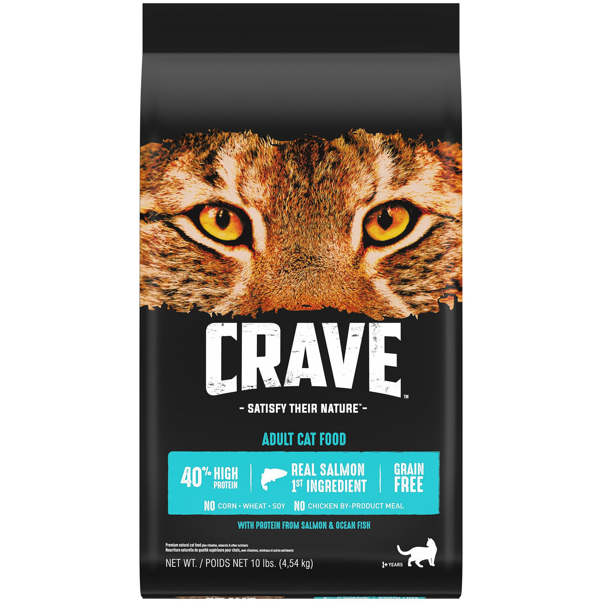 Crave sachet 10 lb face avant montrant la formule saumon et poissons de l'océan pour saveur attrayante