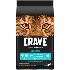Crave sachet 10 lb face avant montrant la formule saumon et poissons de l'océan pour saveur attrayante