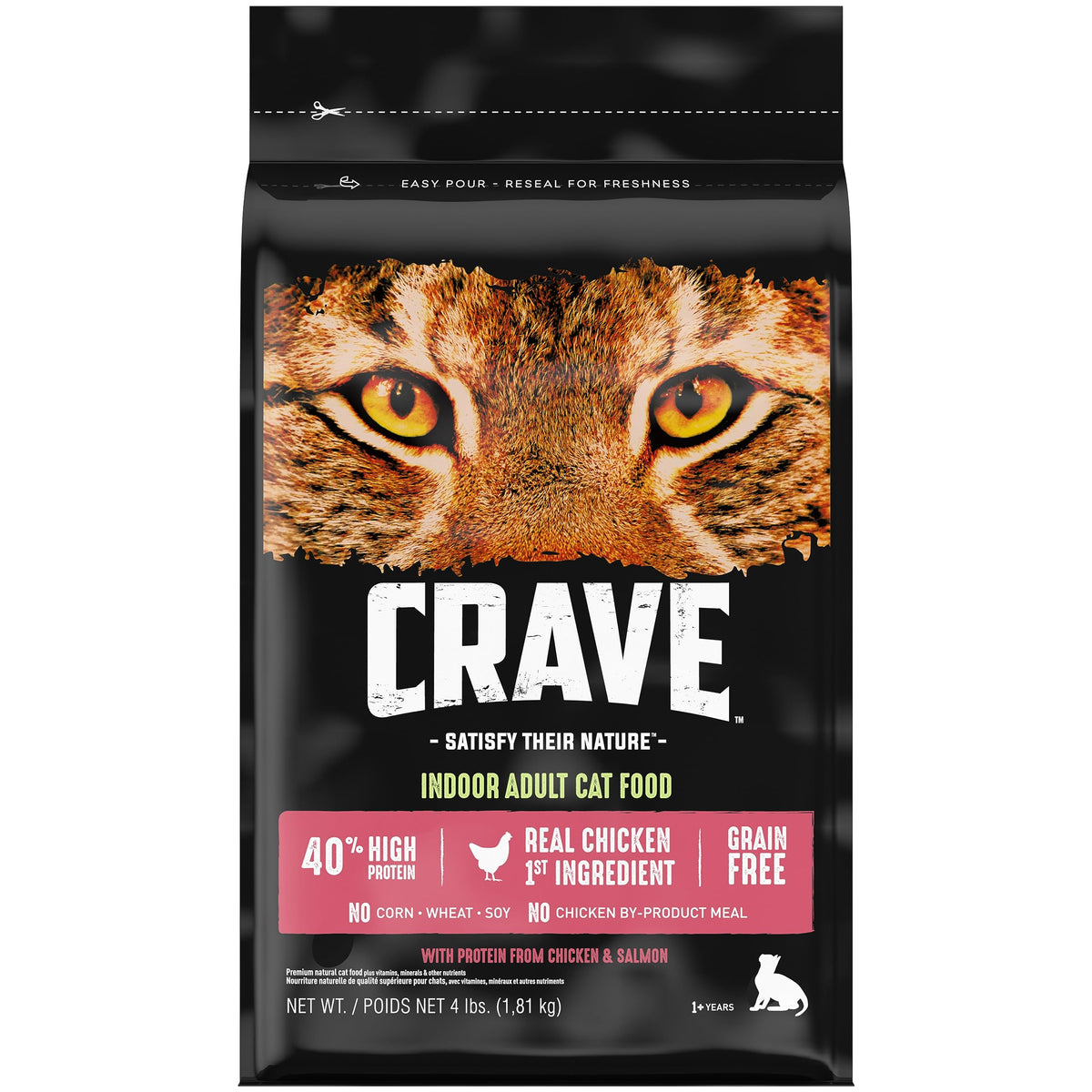Crave sachet avant poulet saumon montrant le visuel et bénéfice appétence