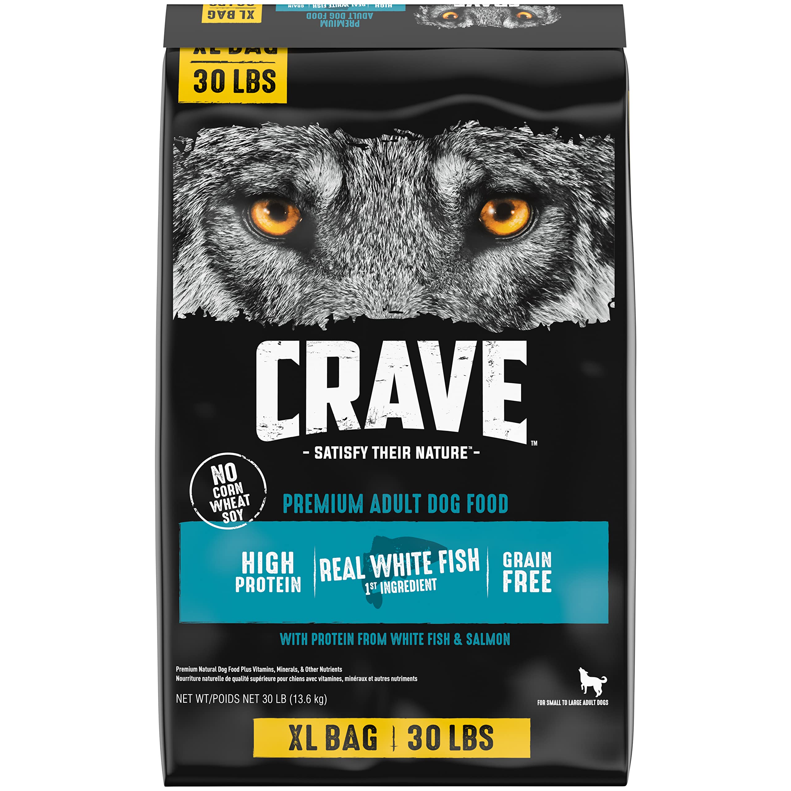 CRAVE sac 30 lb face avant montrant marque et bénéfice conservation