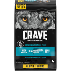 CRAVE sac 30 lb face avant montrant marque et bénéfice conservation