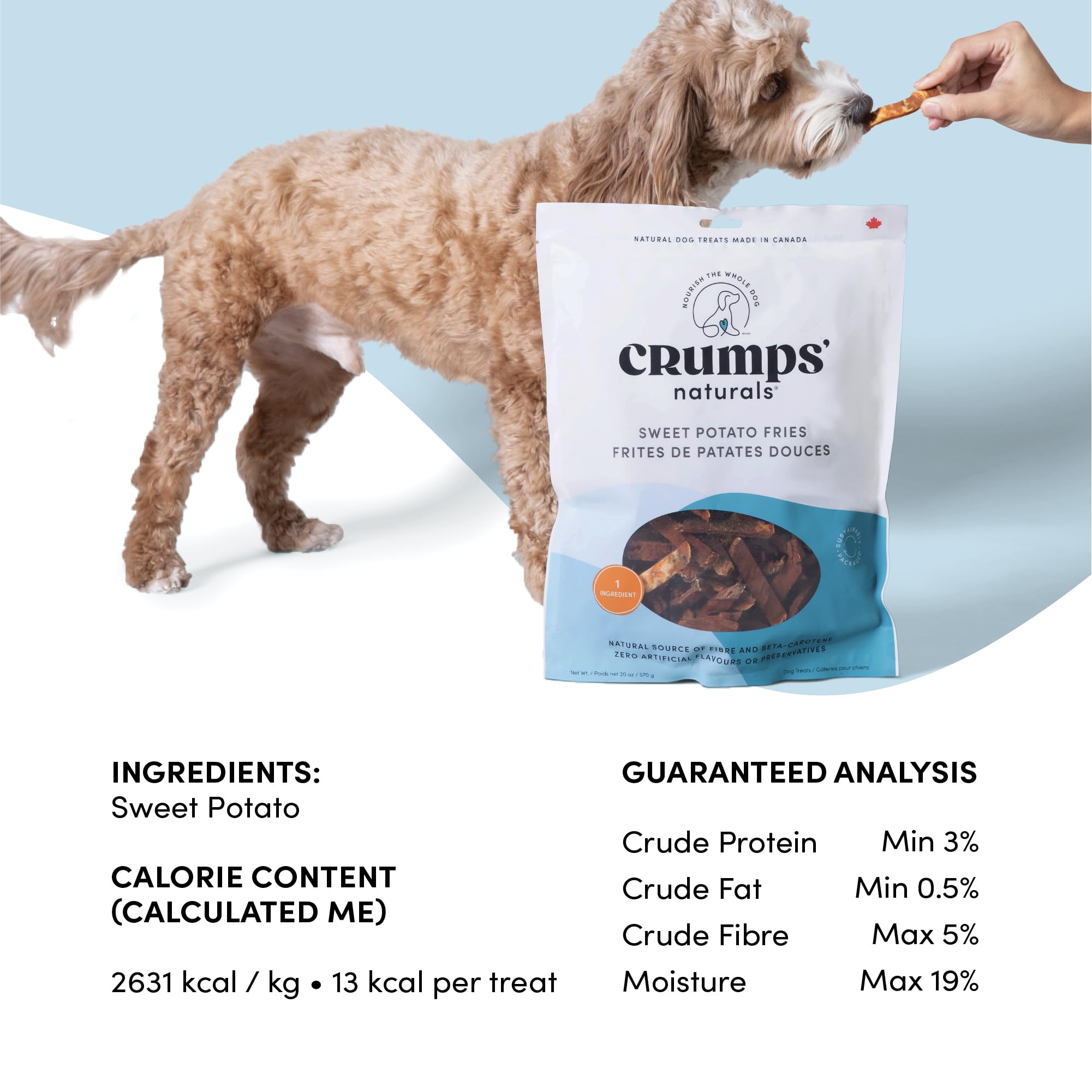 Crumps' Naturals chiot mange une frite à l'extérieur, texture adaptée aux jeunes