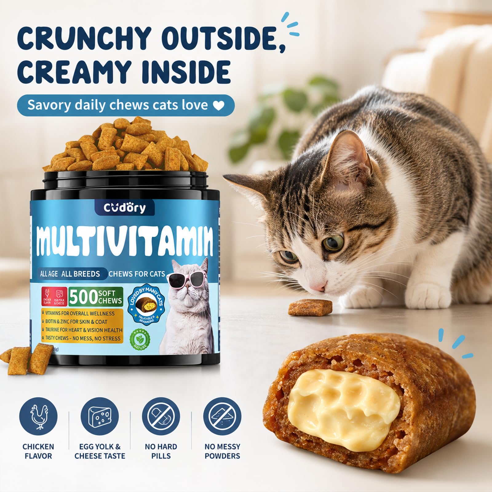 Cudory chat acceptant une friandise à la maison pour prise sans stress