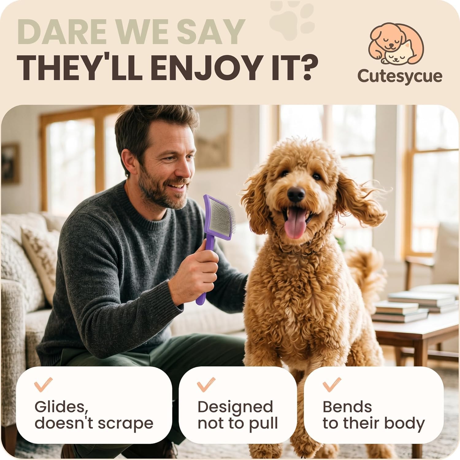 Cutesycue brosse en action sur Goldendoodle, réduit les nœuds