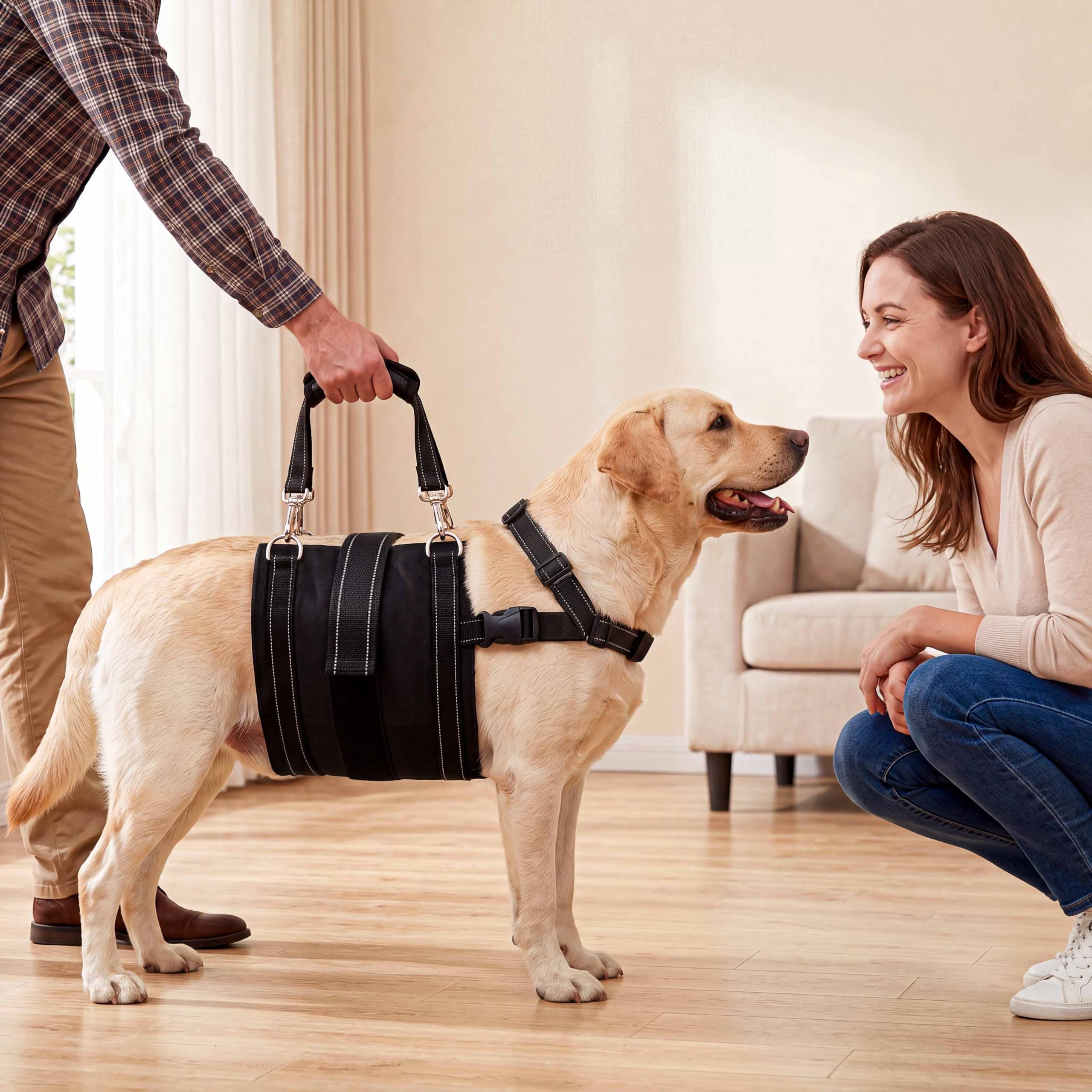 CWV harnais en usage sur chien dans le salon facilitant la montée