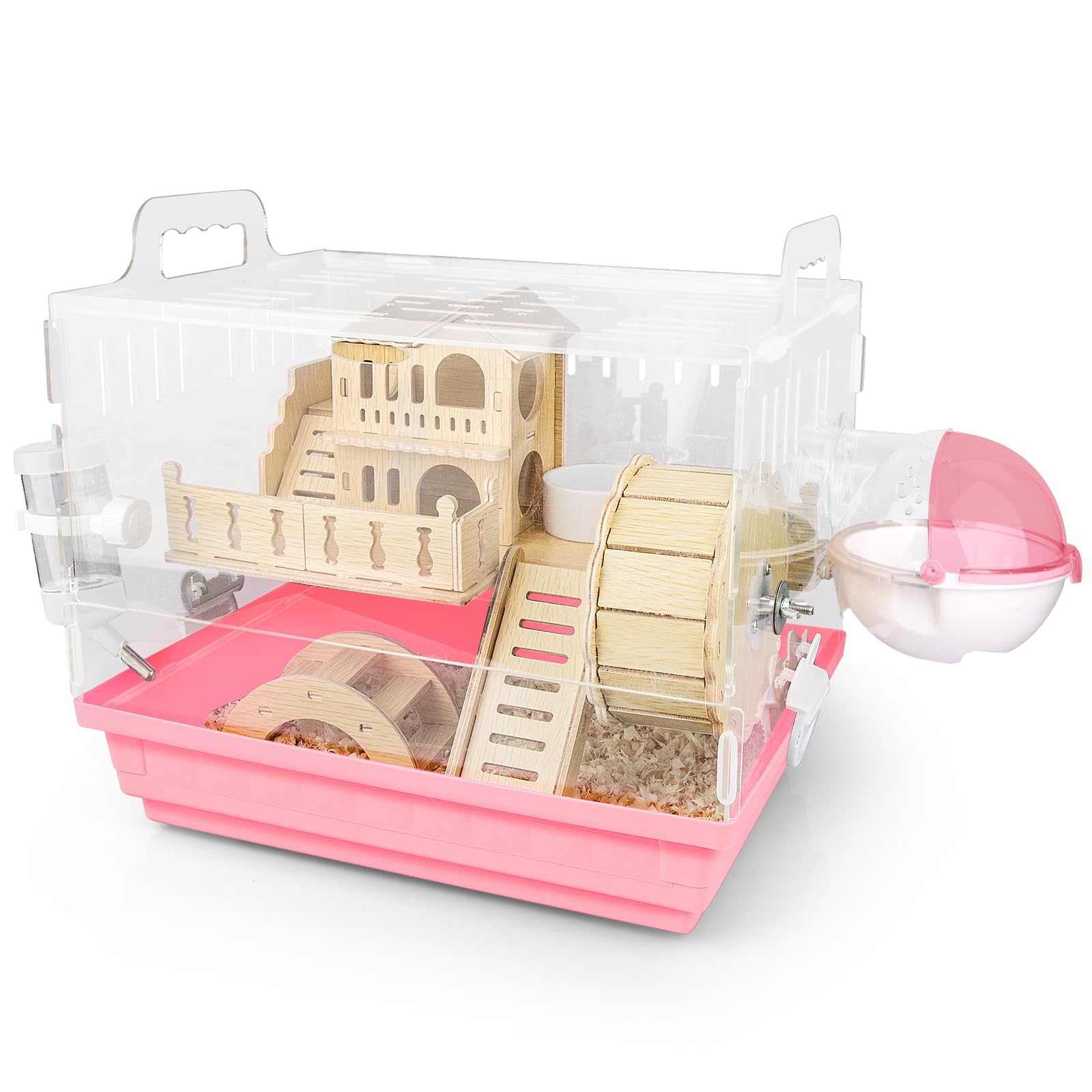 Cycodo vue frontale de la cage rose montrant transparence et accès facile pour interaction