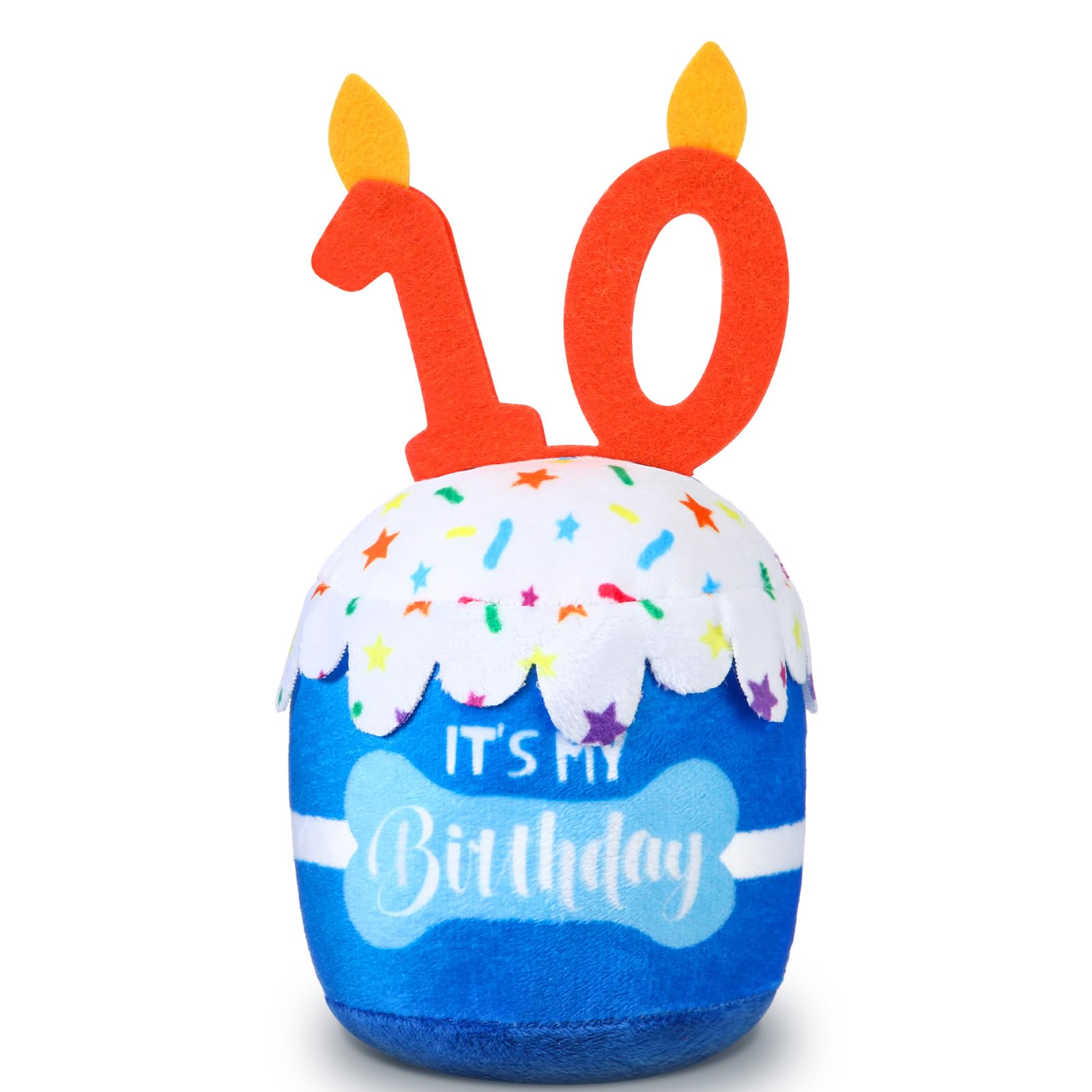 Dansydaisy gâteau avant : peluche bleue festive pour anniversaire et jeu