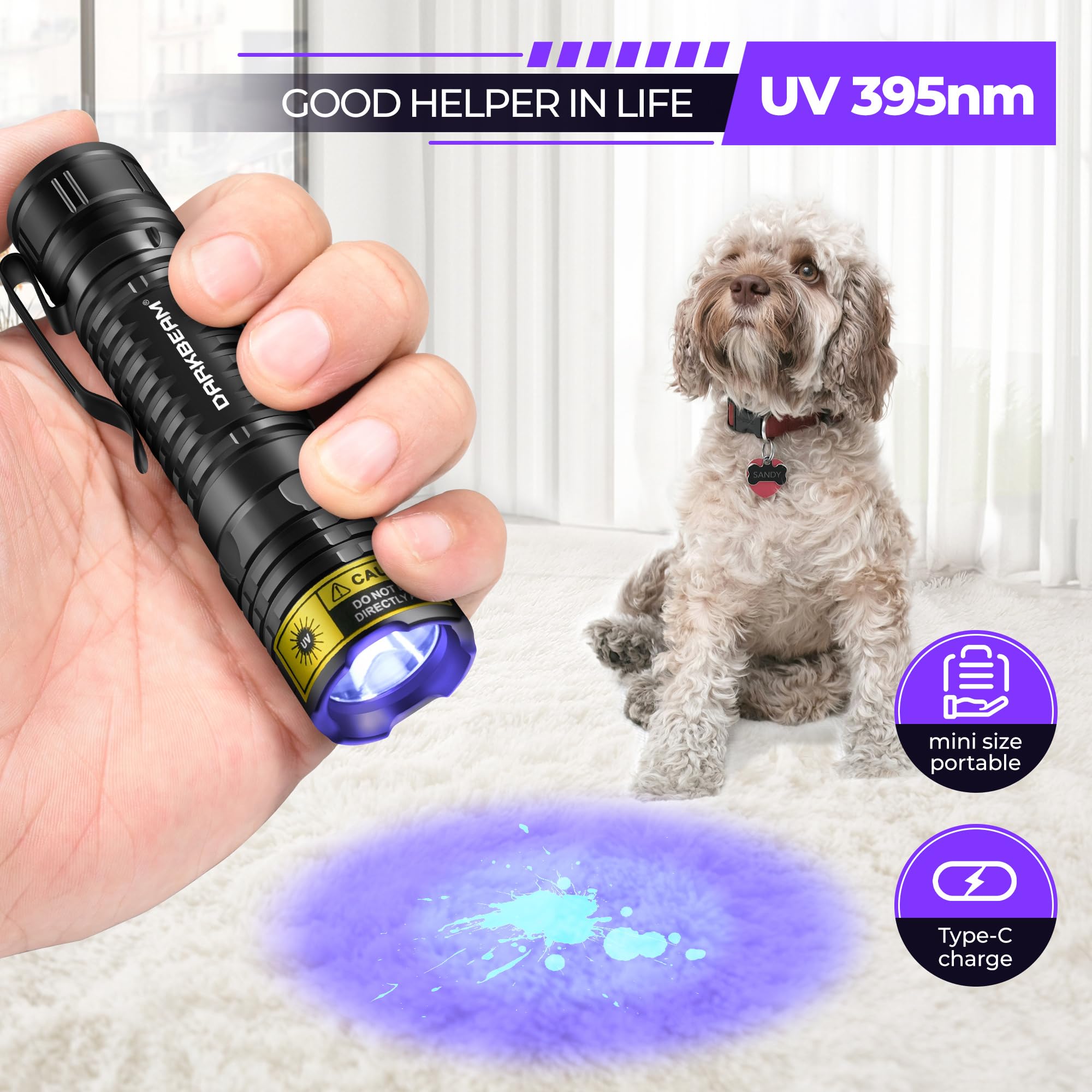 DARKBEAM gros plan LED 395nm mettant en valeur puissance et précision