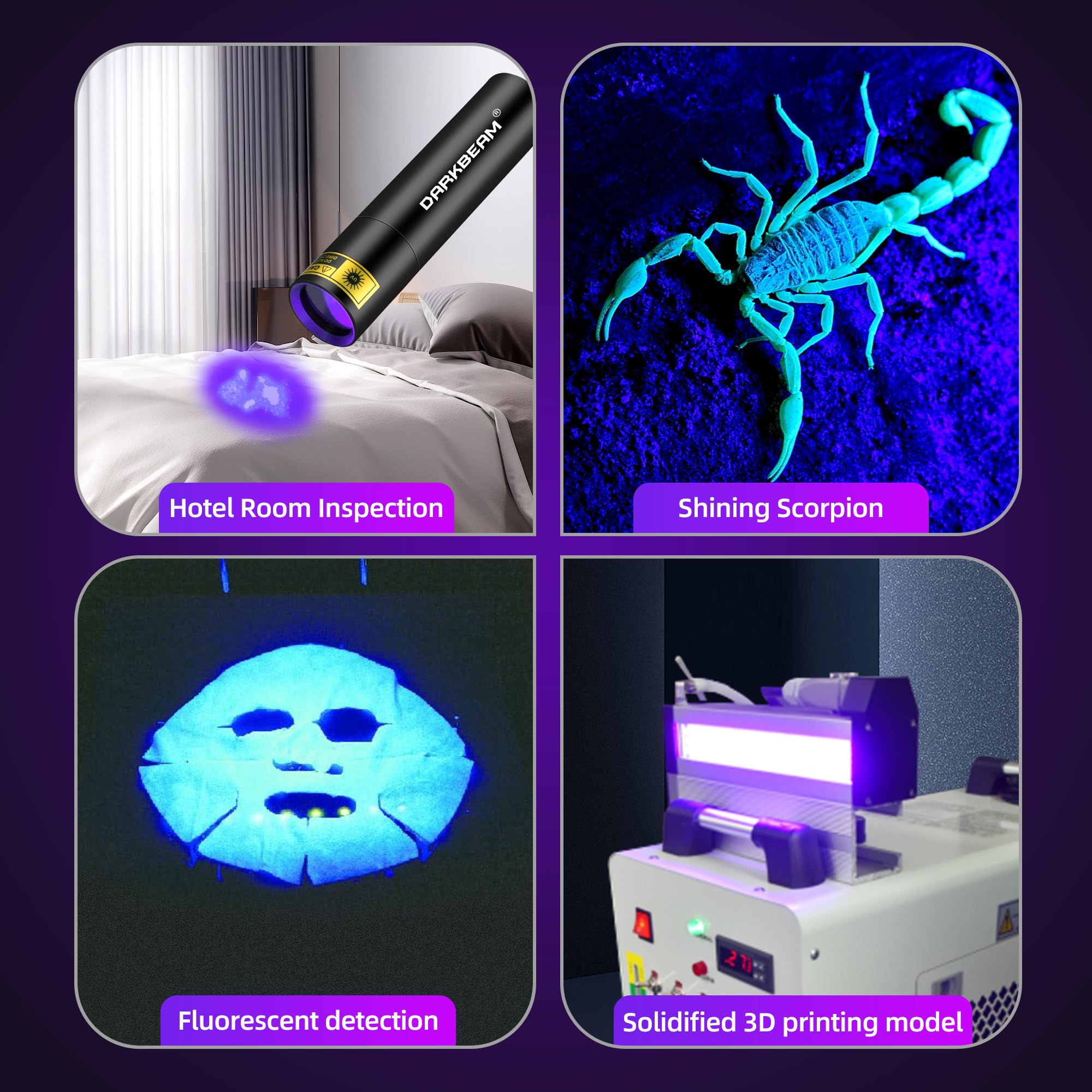 DARKBEAM torche UV avec emballage et dragonne montrant l’ensemble livré