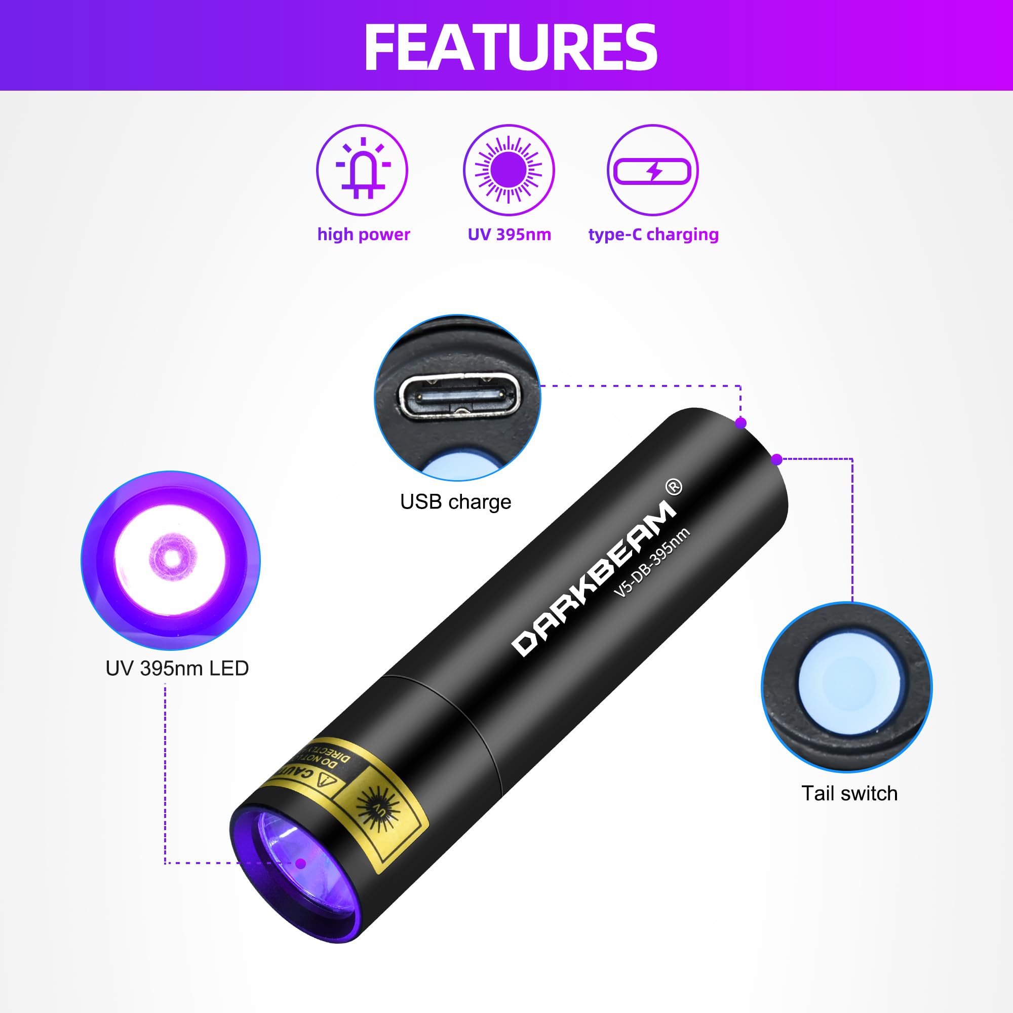 DARKBEAM torche UV port USB‑C en charge rapide pour moins d’attente
