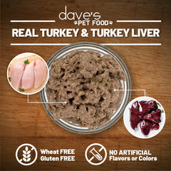 Assiette servie avec Dave's Pet Food dinde, repas complet apprécié et hydratant pour chien