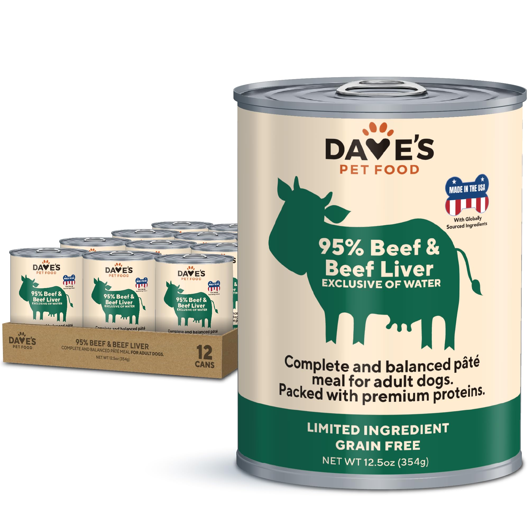 Dave's Pet Food canette montrant l'emballage et bénéfice haute protéine