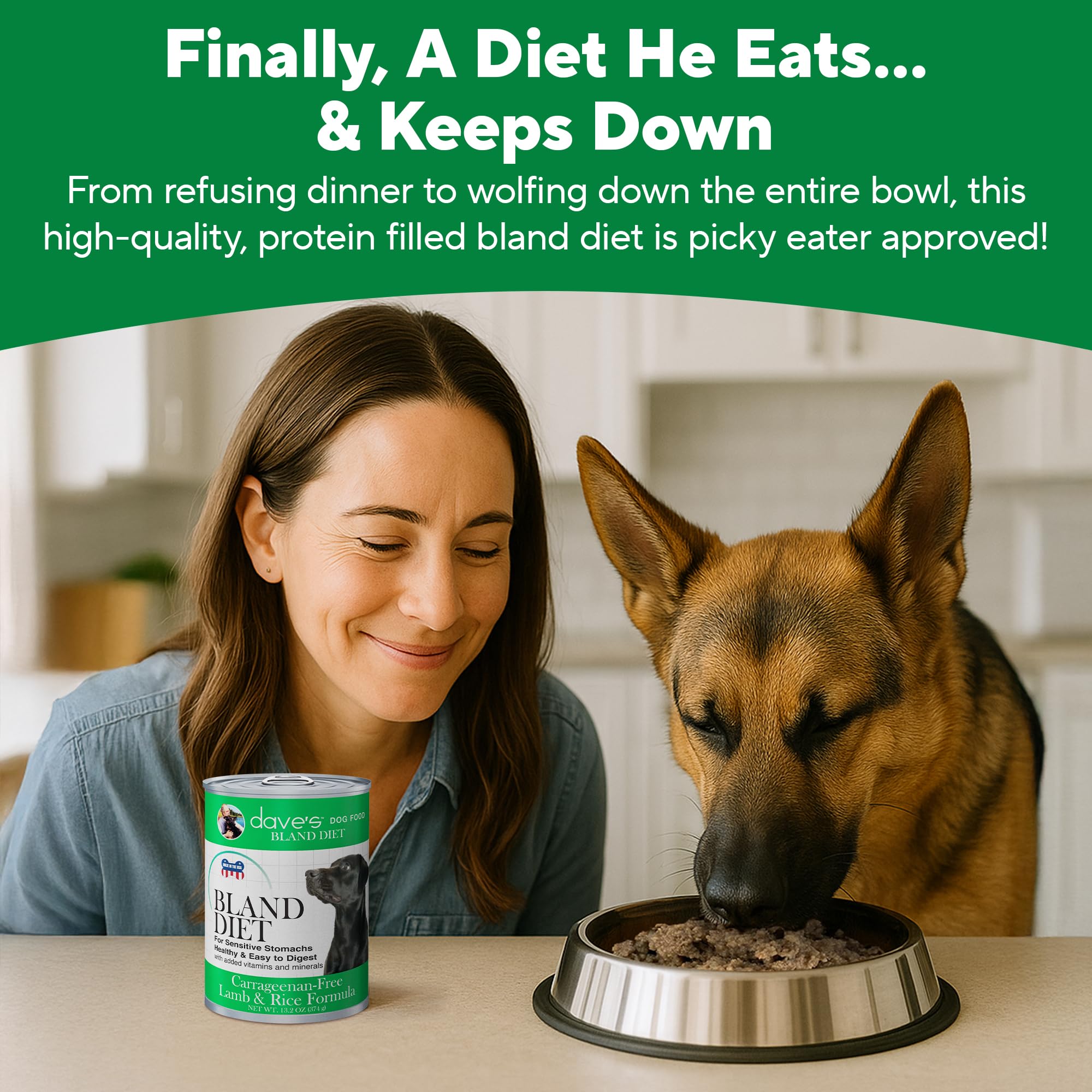 Dave's Pet Food boîte à côté d'une règle pour illustrer taille et portion pratique