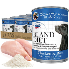Dave's Pet Food emballage avant poulet et riz montrant le pack 12, rassure sur la simplicité