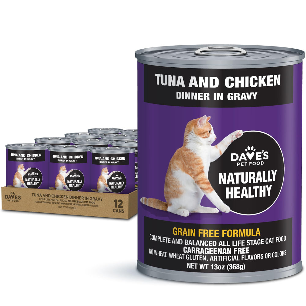 Dave's Pet Food face de la boîte montrant la saveur thon et poulet et l'attrait visuel