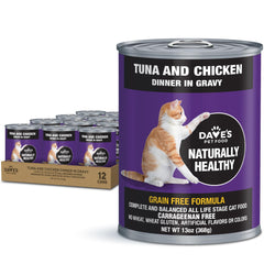 Dave's Pet Food face de la boîte montrant la saveur thon et poulet et l'attrait visuel