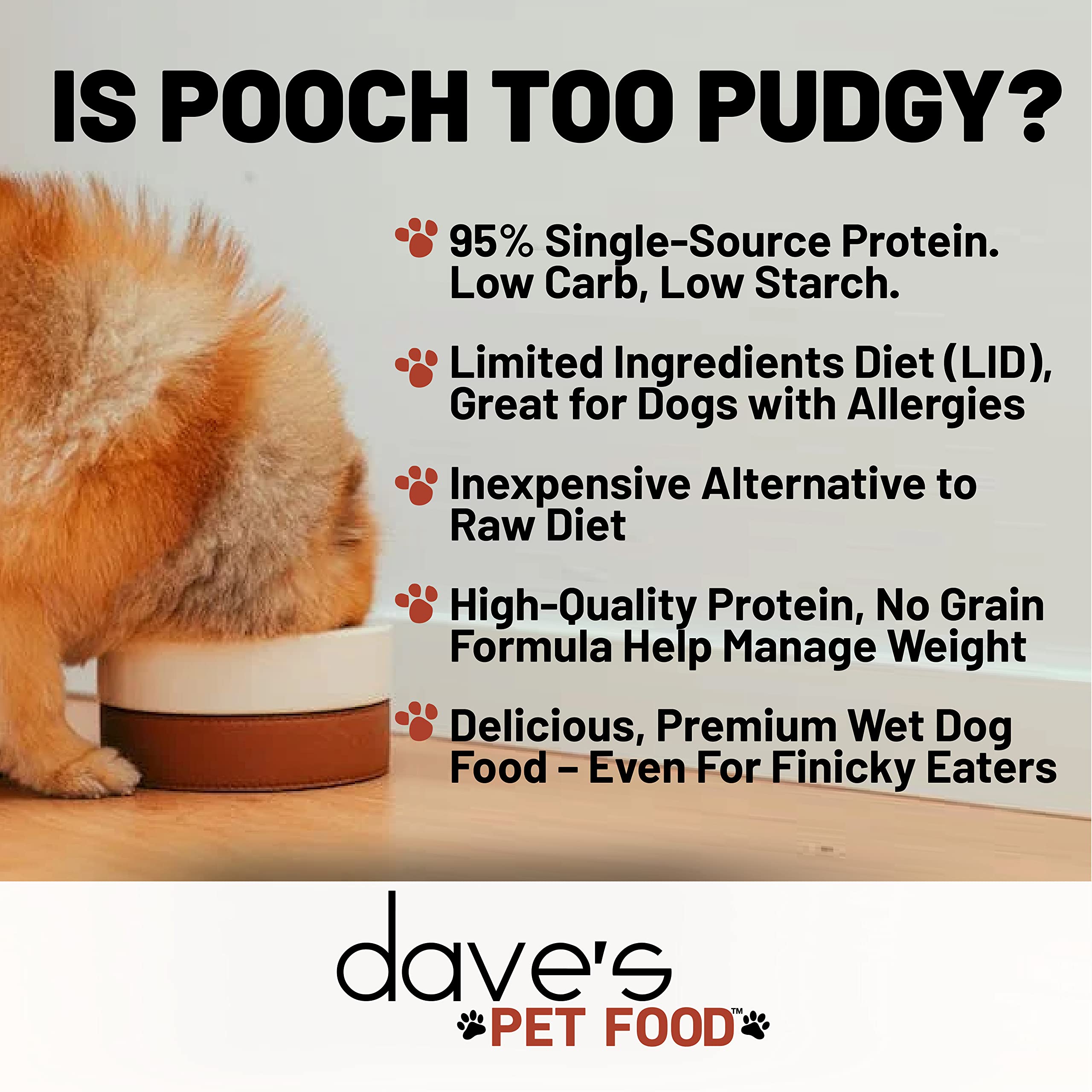 Dave's Pet Food gros plan sur la texture carnée et bénéfice appétence renforcée