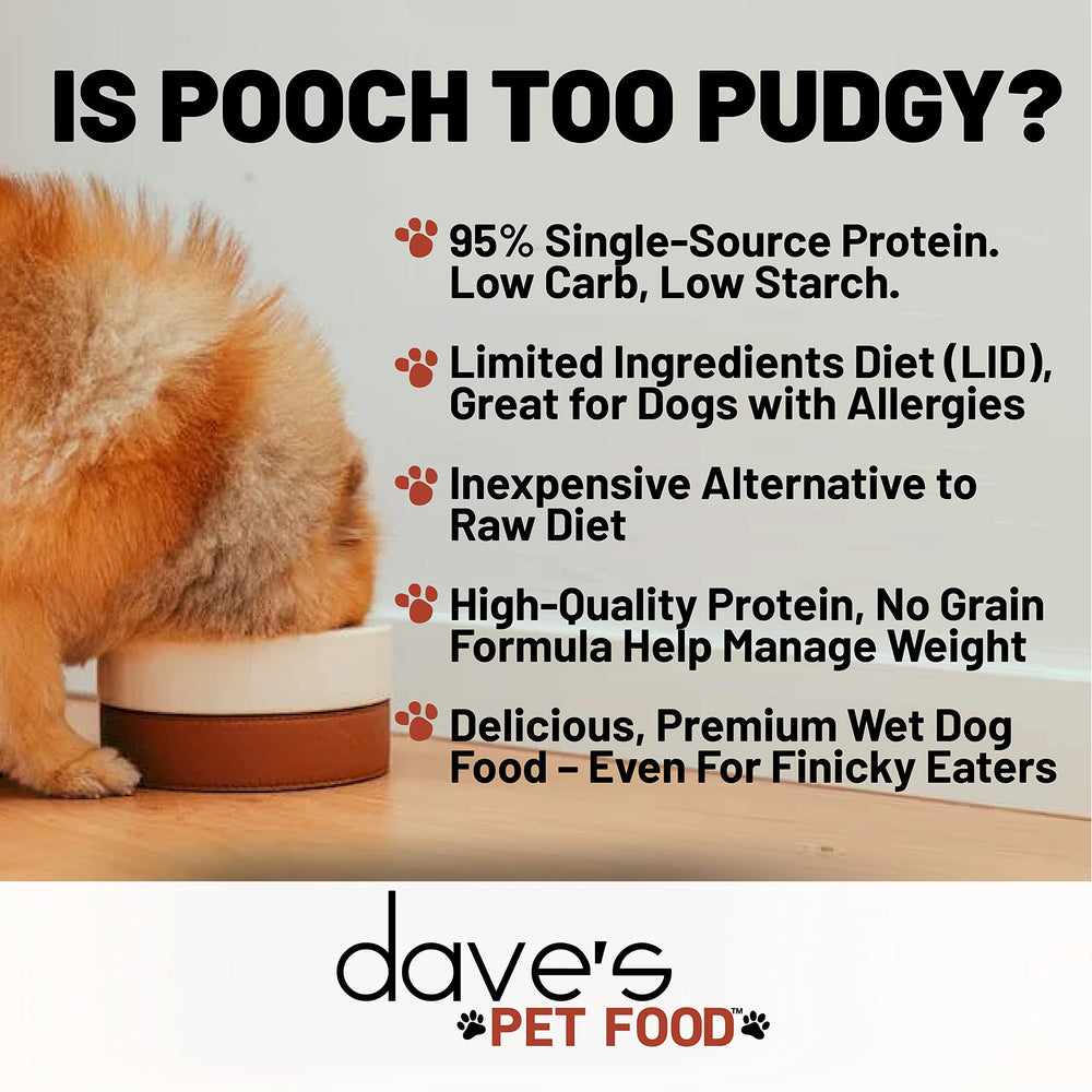 Dave's Pet Food gros plan sur la texture carnée et bénéfice appétence renforcée